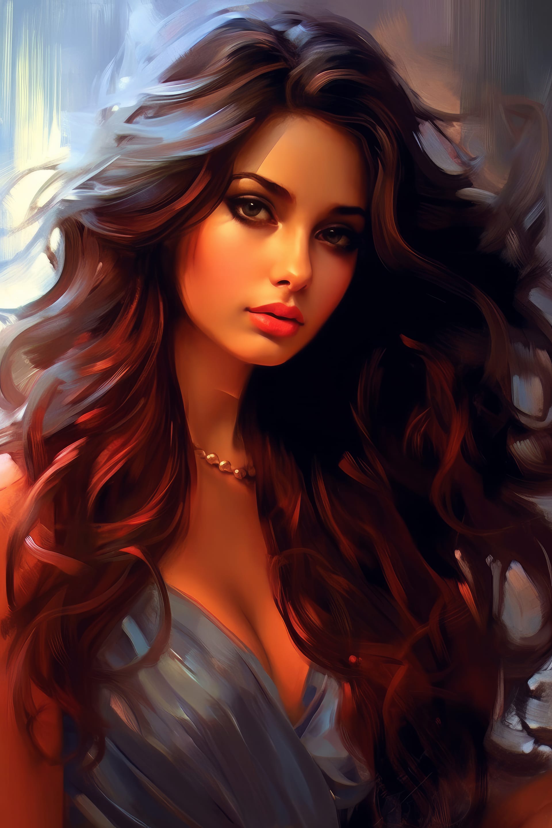 Beautiful painting woman with beautiful long hair blue dress image