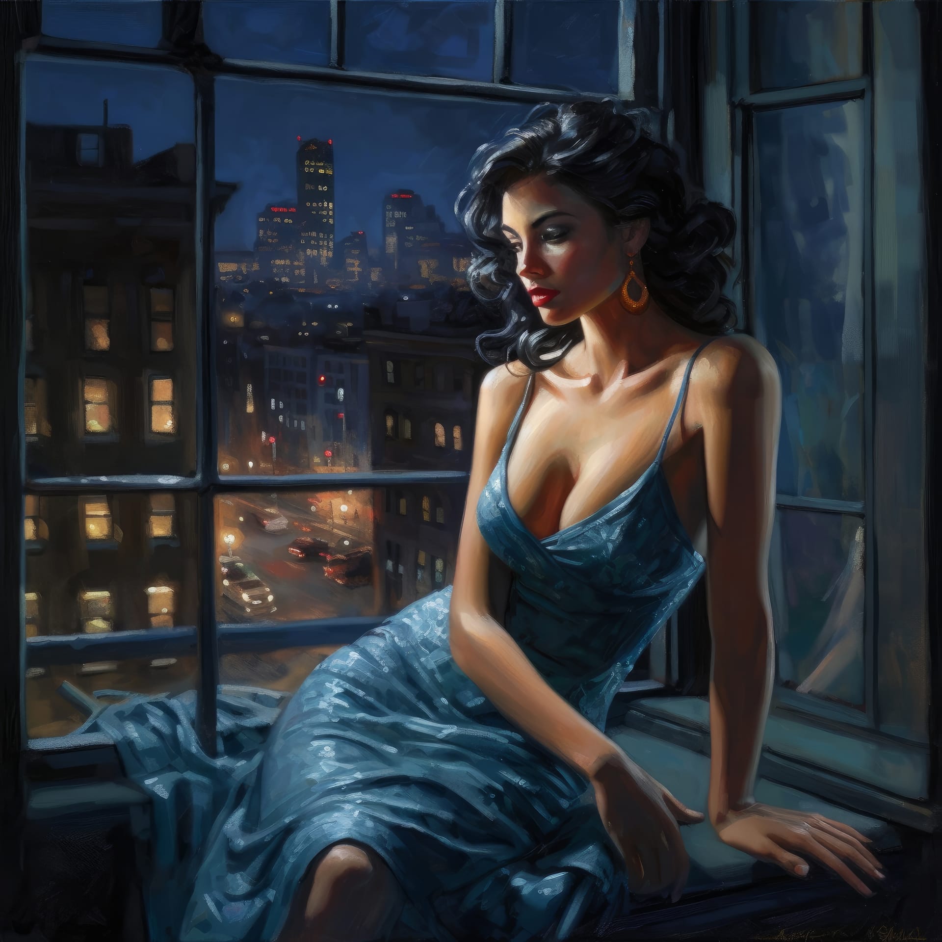 Beautiful woman blue dress sits window looking out the cityscape