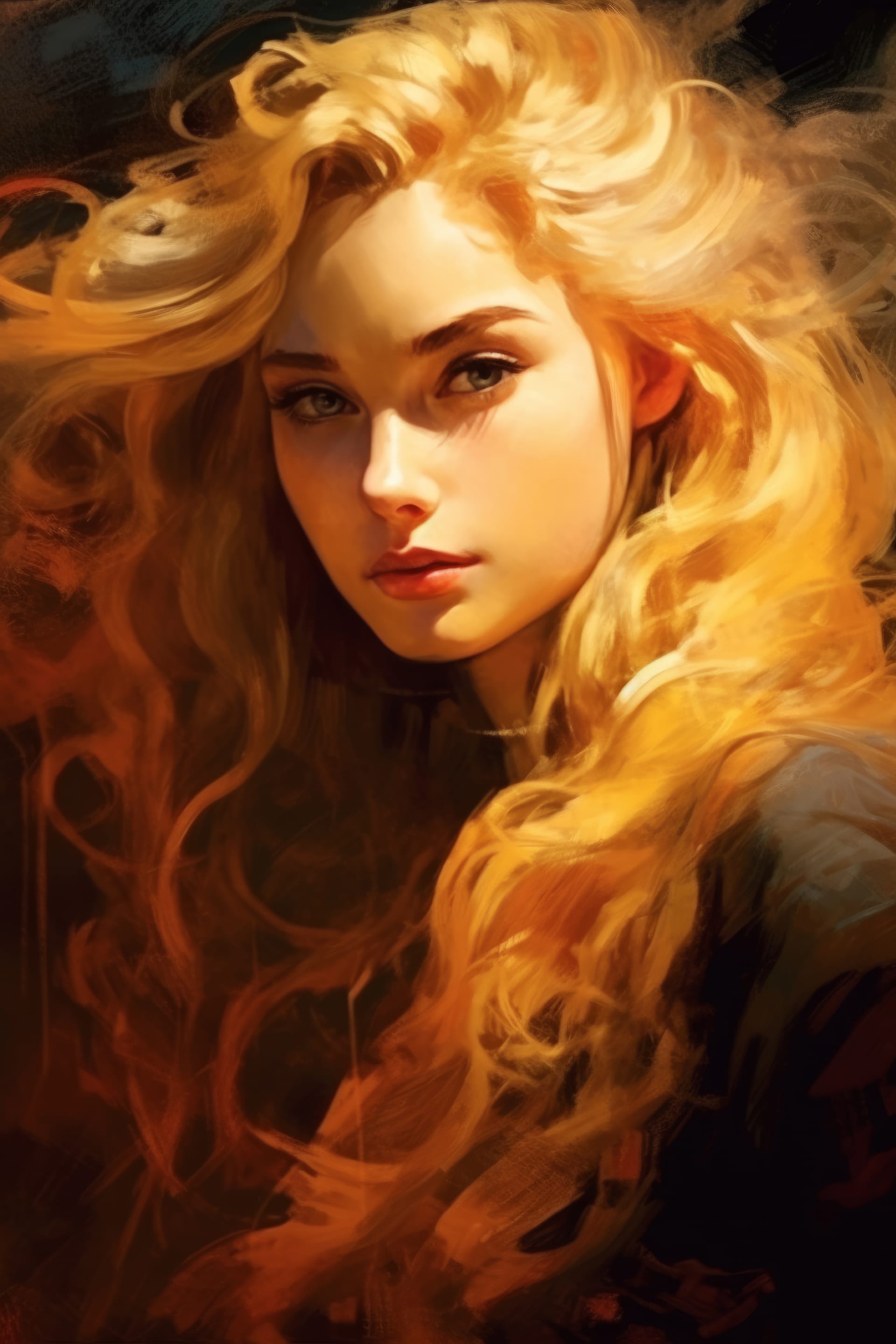 Painting beautiful girl with long blonde hair