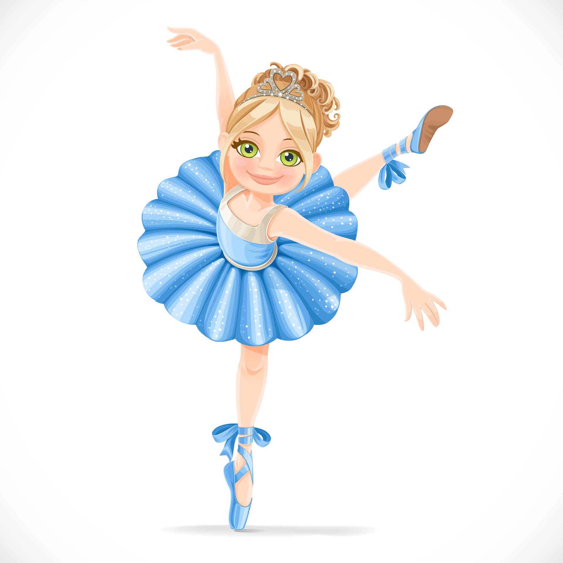 Ballerina girl blue dress dancing one leg isolated white background