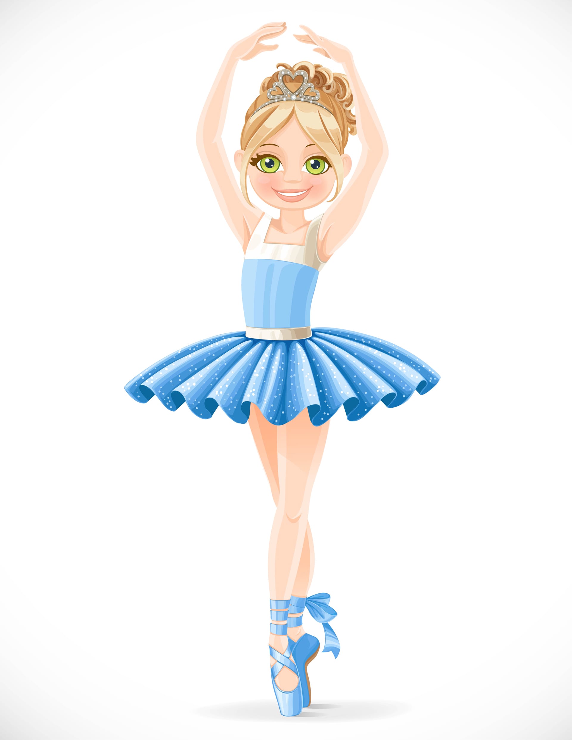 Ballerina girl with diadem hair dancing toes pointe shoes isolated