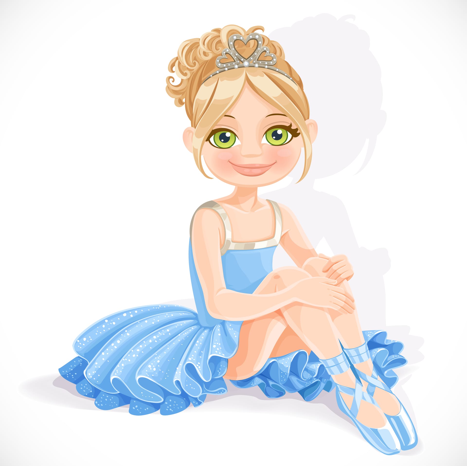 Beautiful little ballerina girl blue dress sit floor isolated white