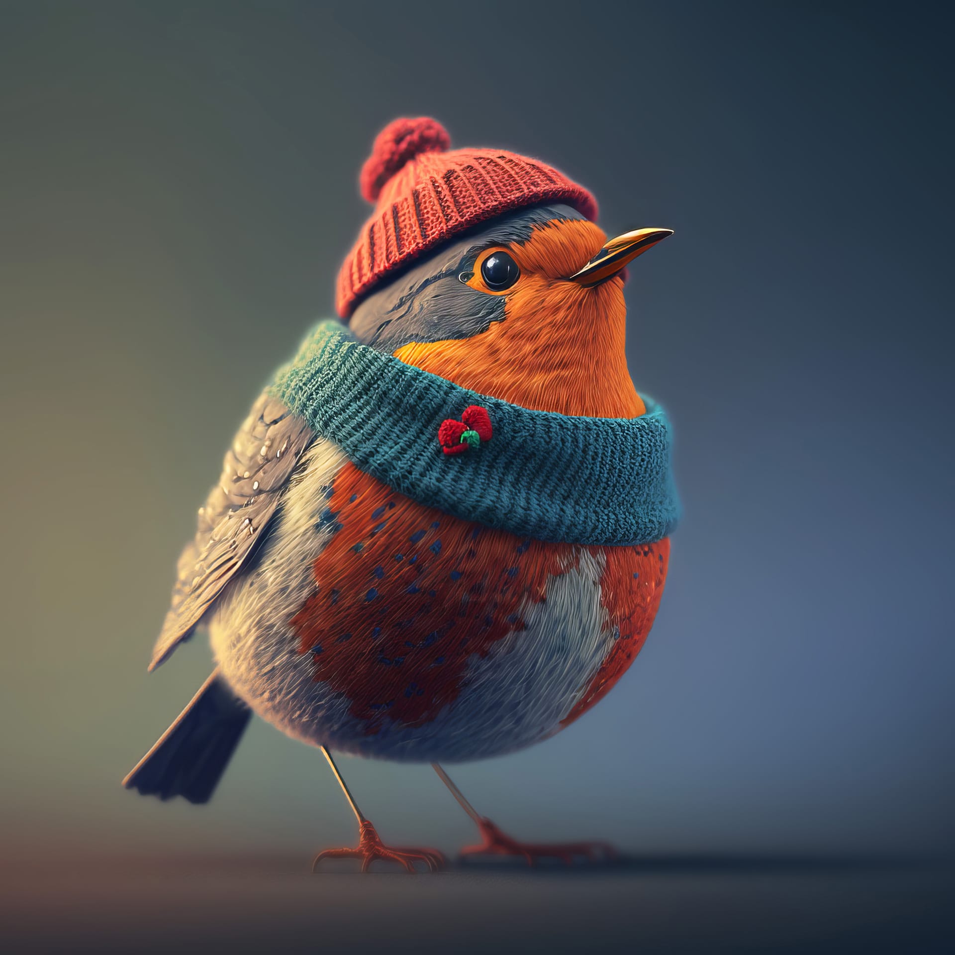 Festive robin wrapped up knitted hat scarf