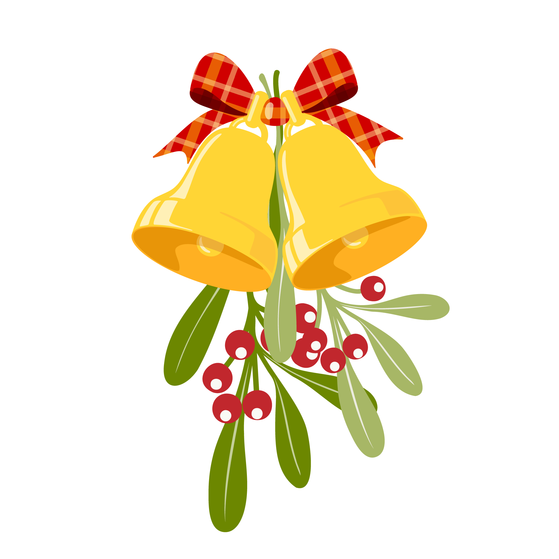 Clip art christmas bells with mistletoe branches leaves red berries