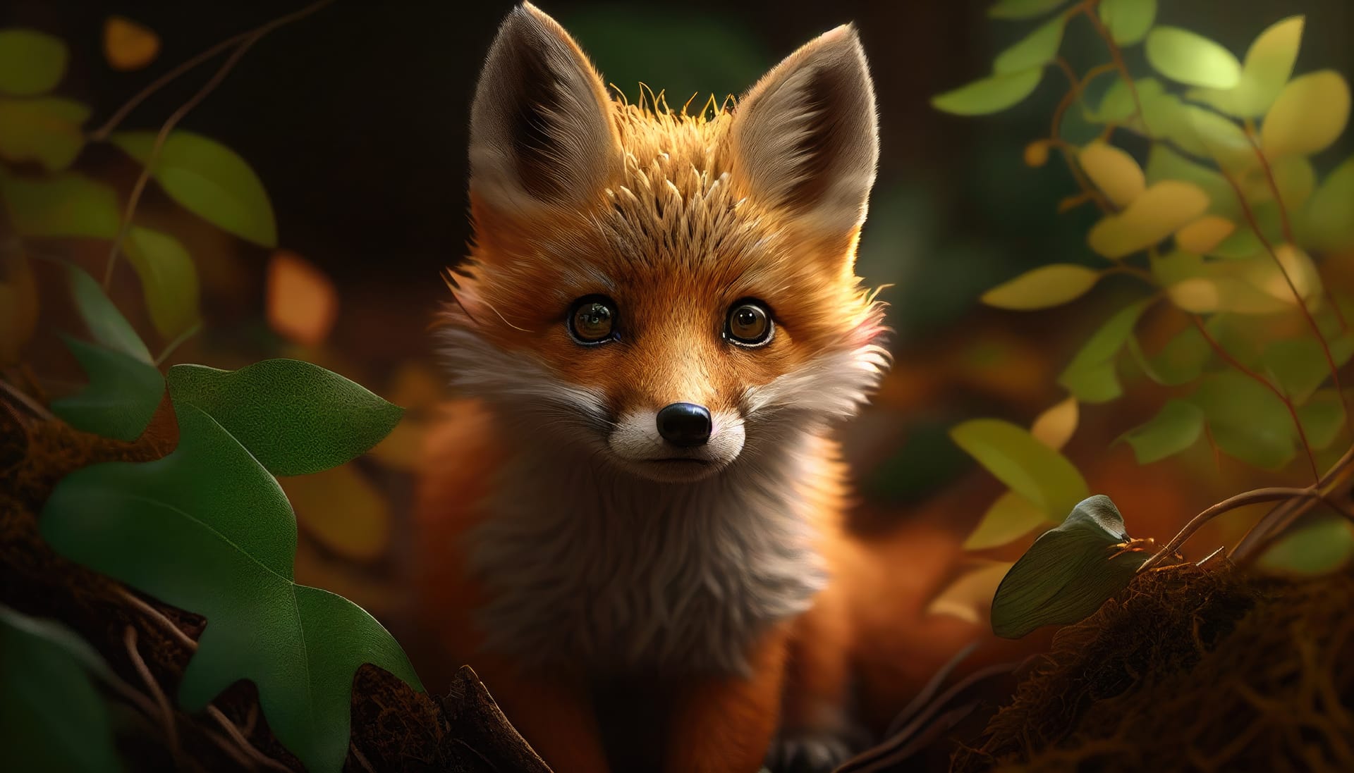 Animal image fox woods with green leaves