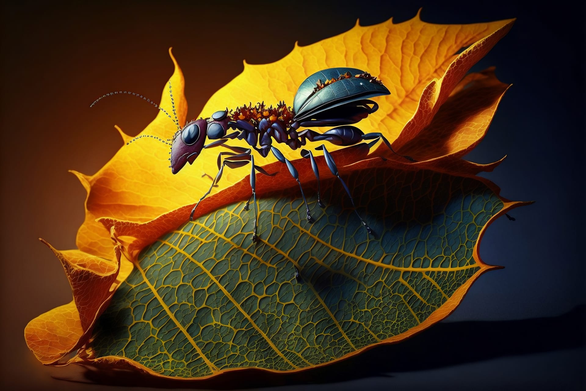 Ant sitting sunflower leaf creative digital painting 3d illustration image