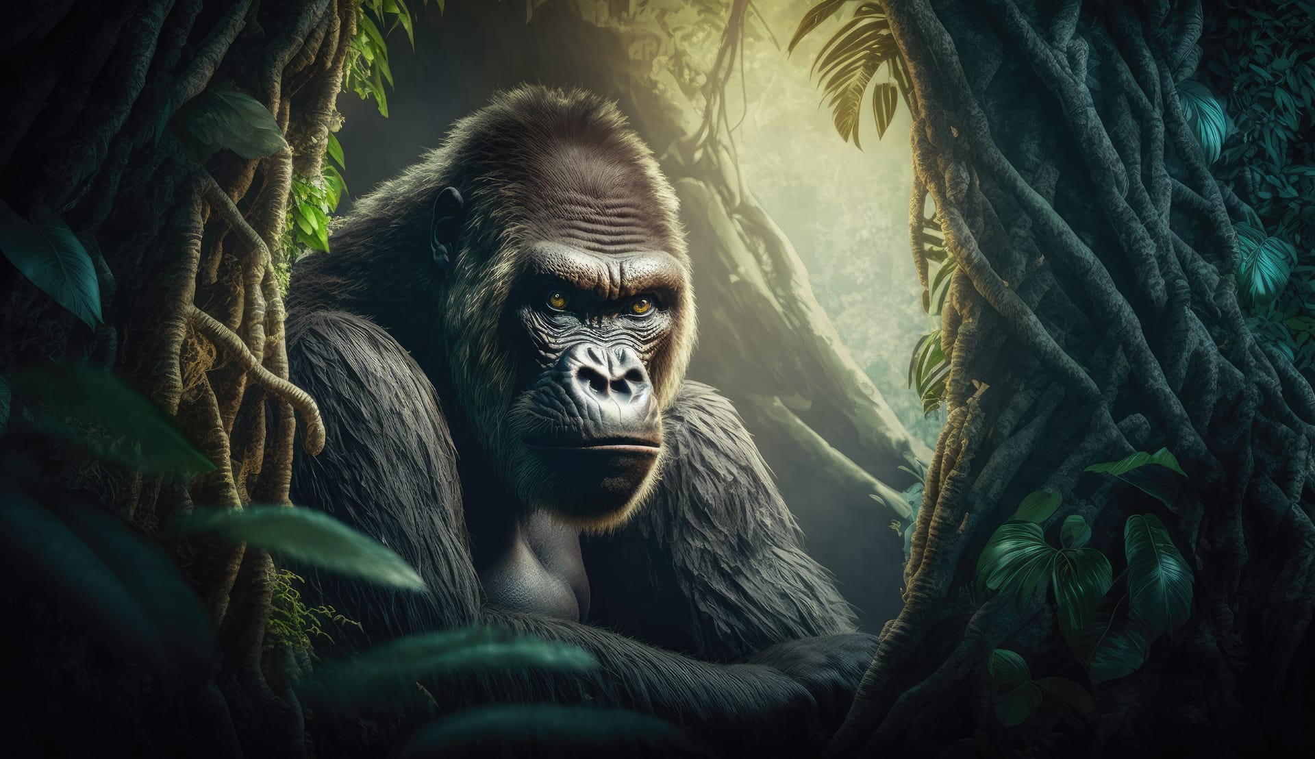 Gorilla jungle with green background animal image