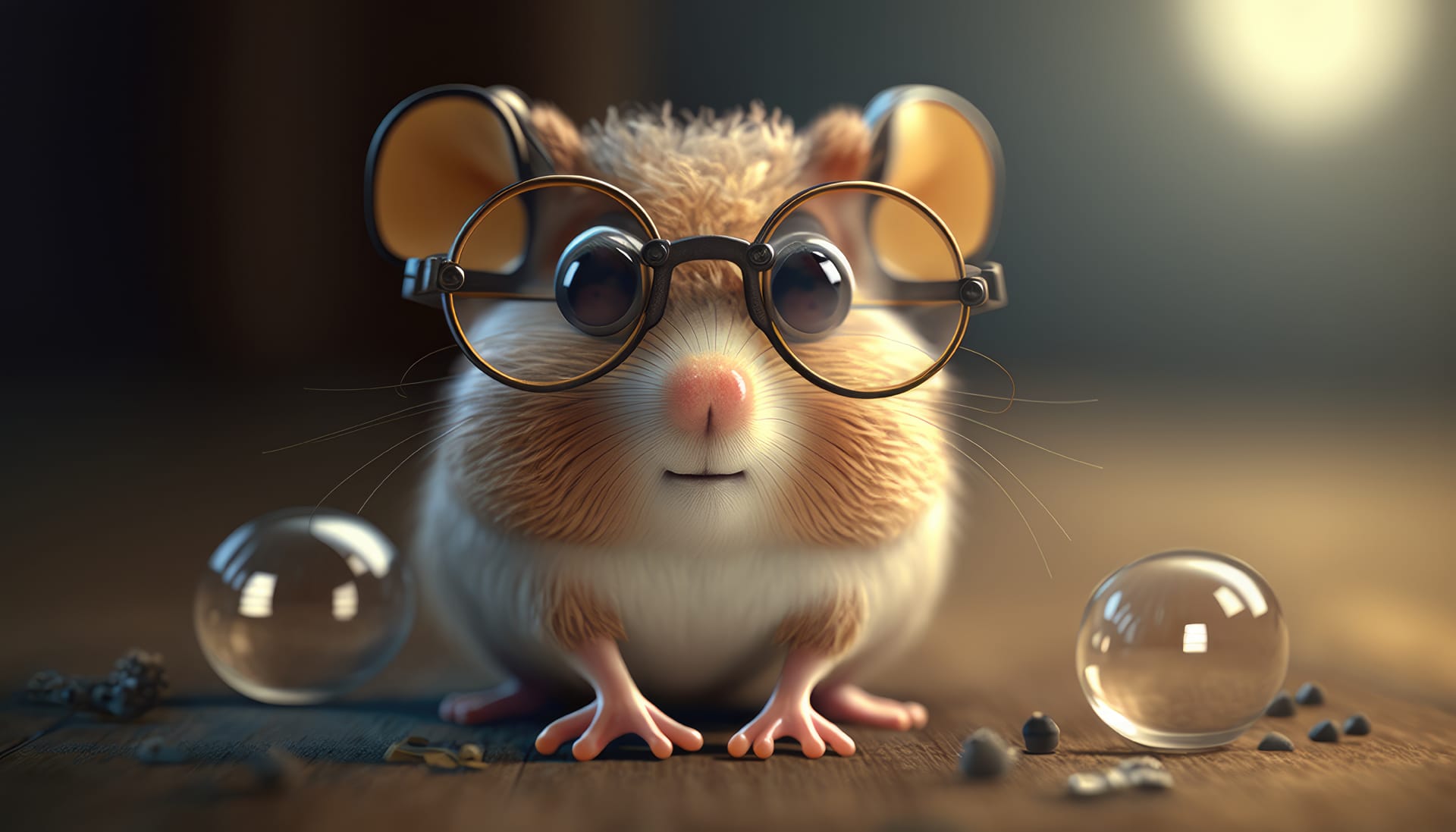 Hamster wearing glasses sits table with light bulb background