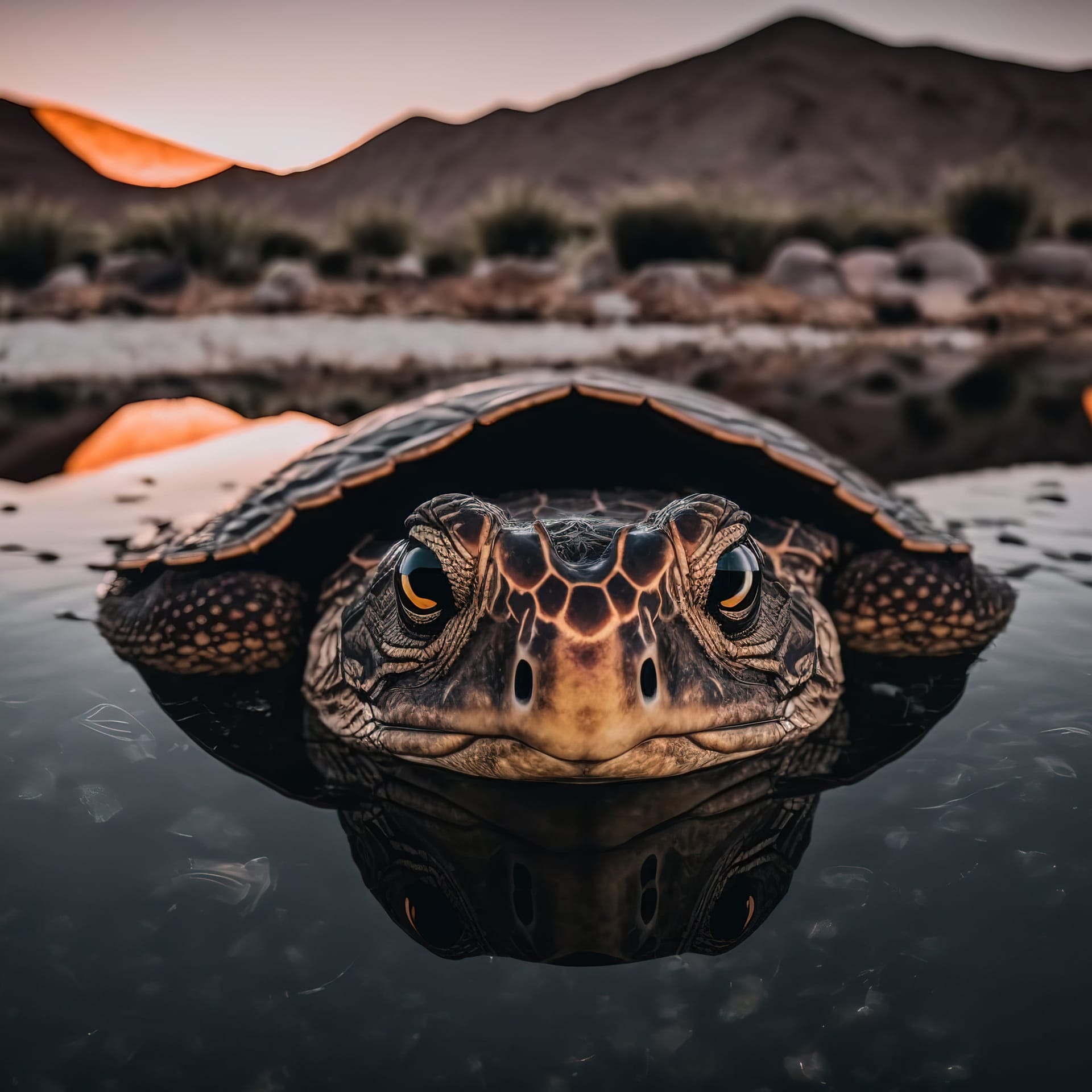 Head turtle looking out water against mountains