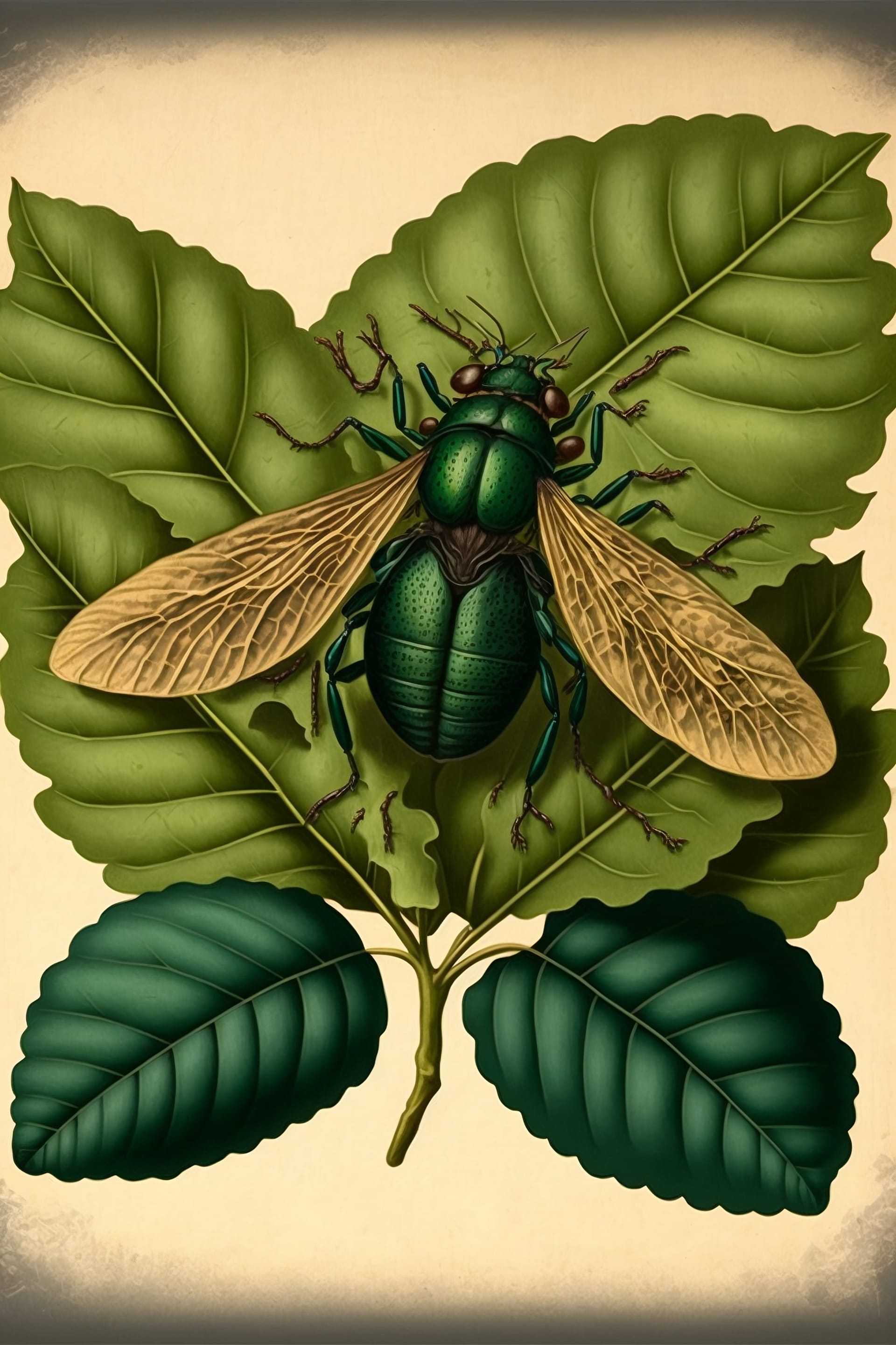 Insect fly green leaf creative digital painting