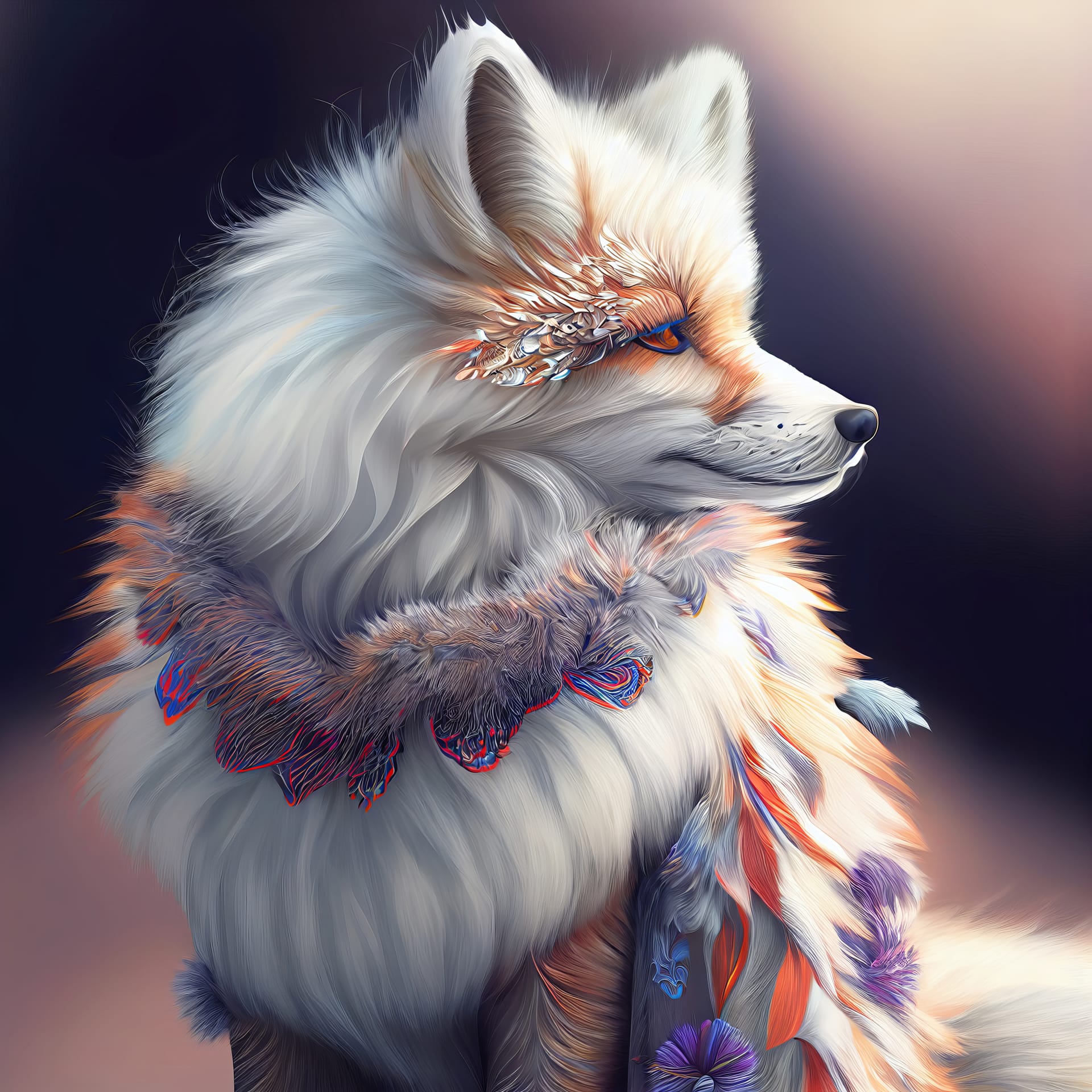 Magic fox with natural decorations fluffy white fur looking away
