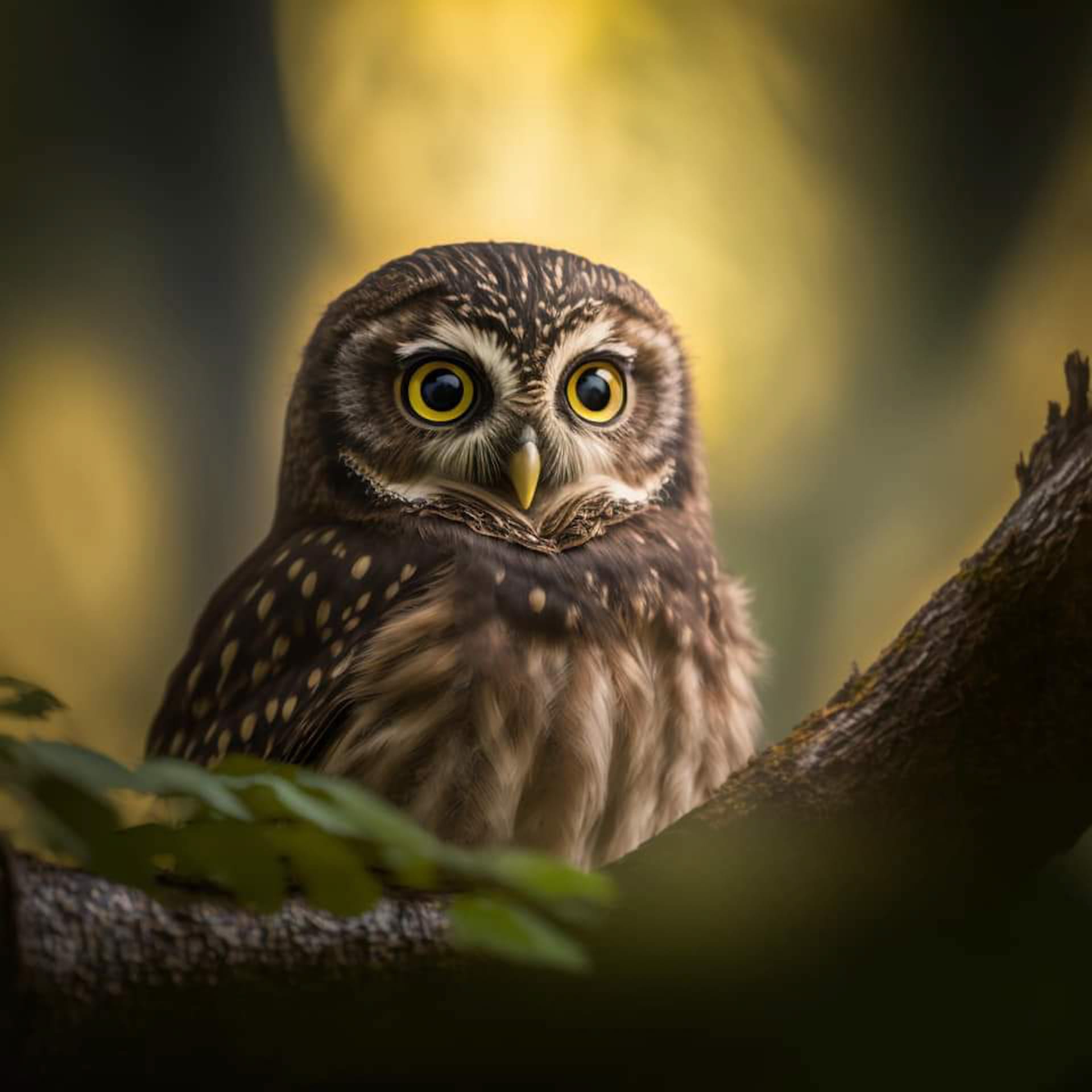Small owl with yellow eyes sits branch