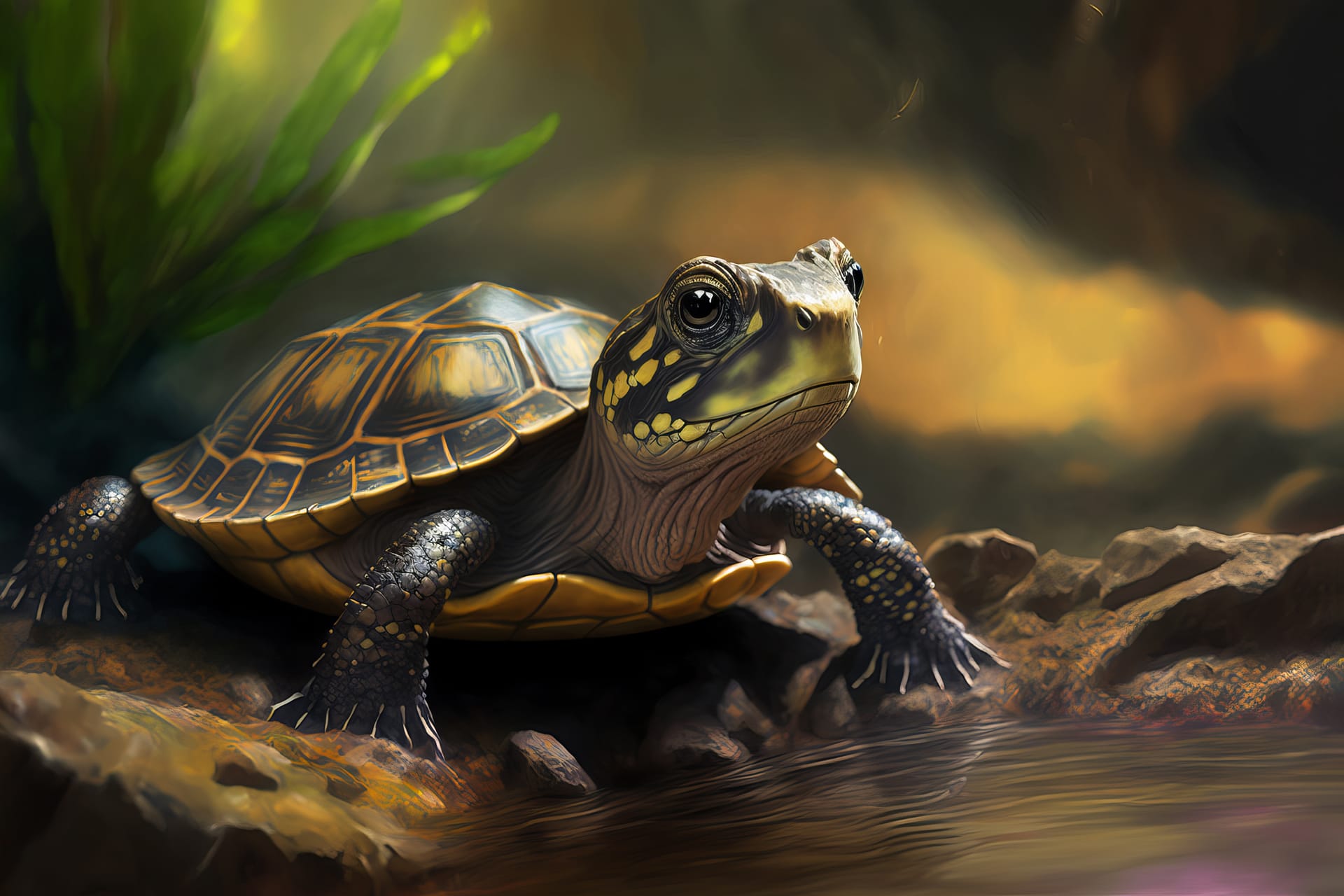 Illustration diamondback terrapin turtle crawling rocky shore rippling pond park
