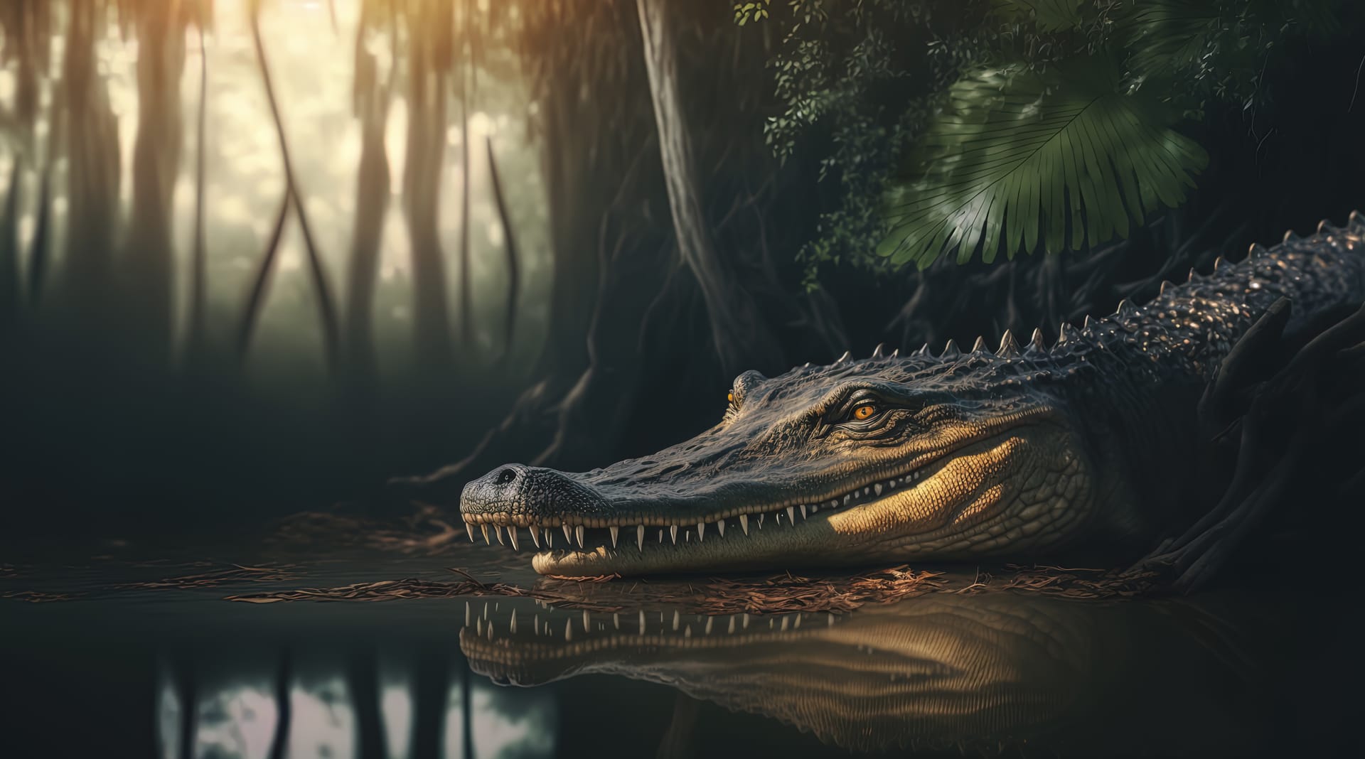 Large orinoco alligator laying top body water alligator jungle