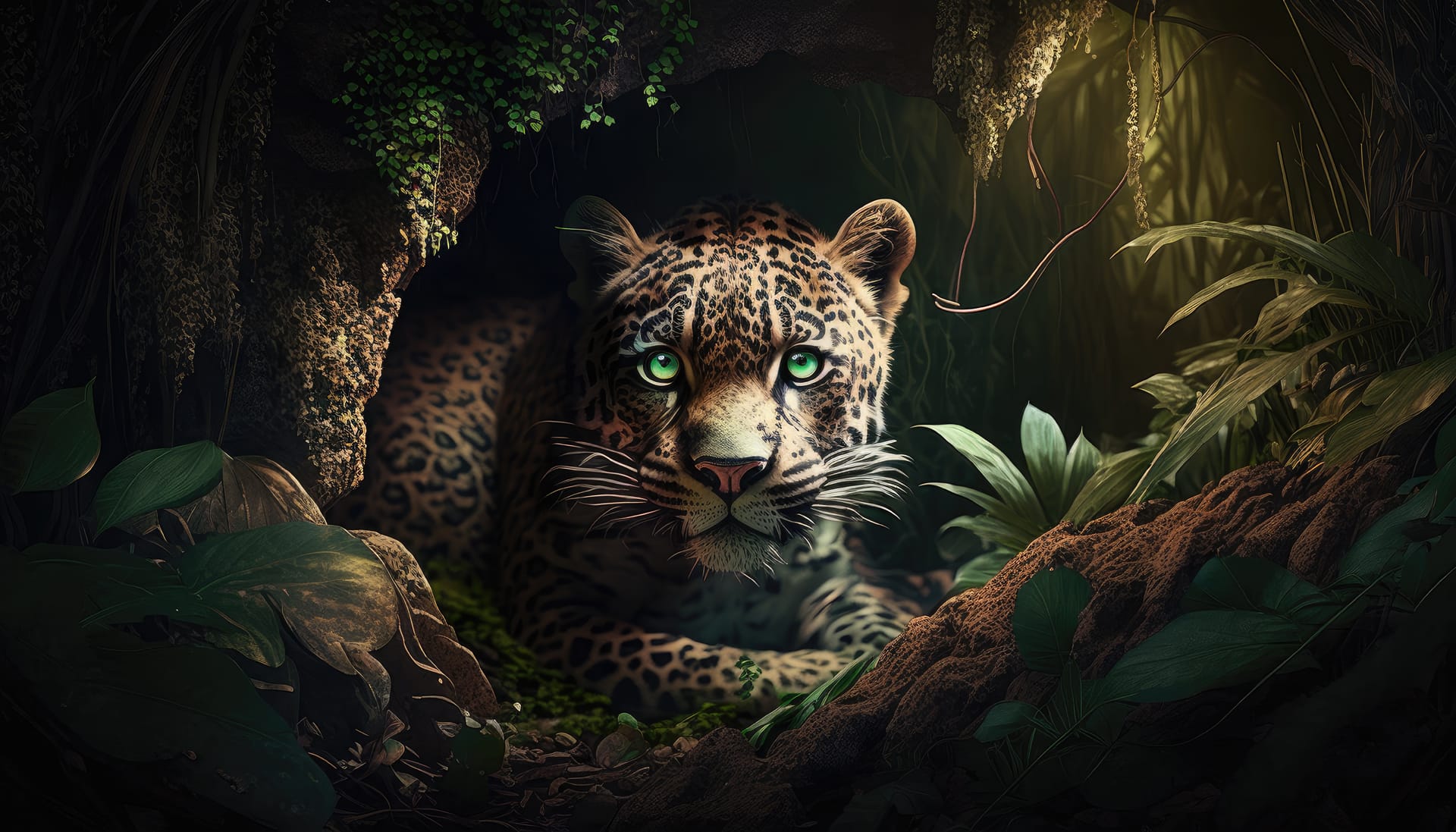 Leopard cave with green eyes