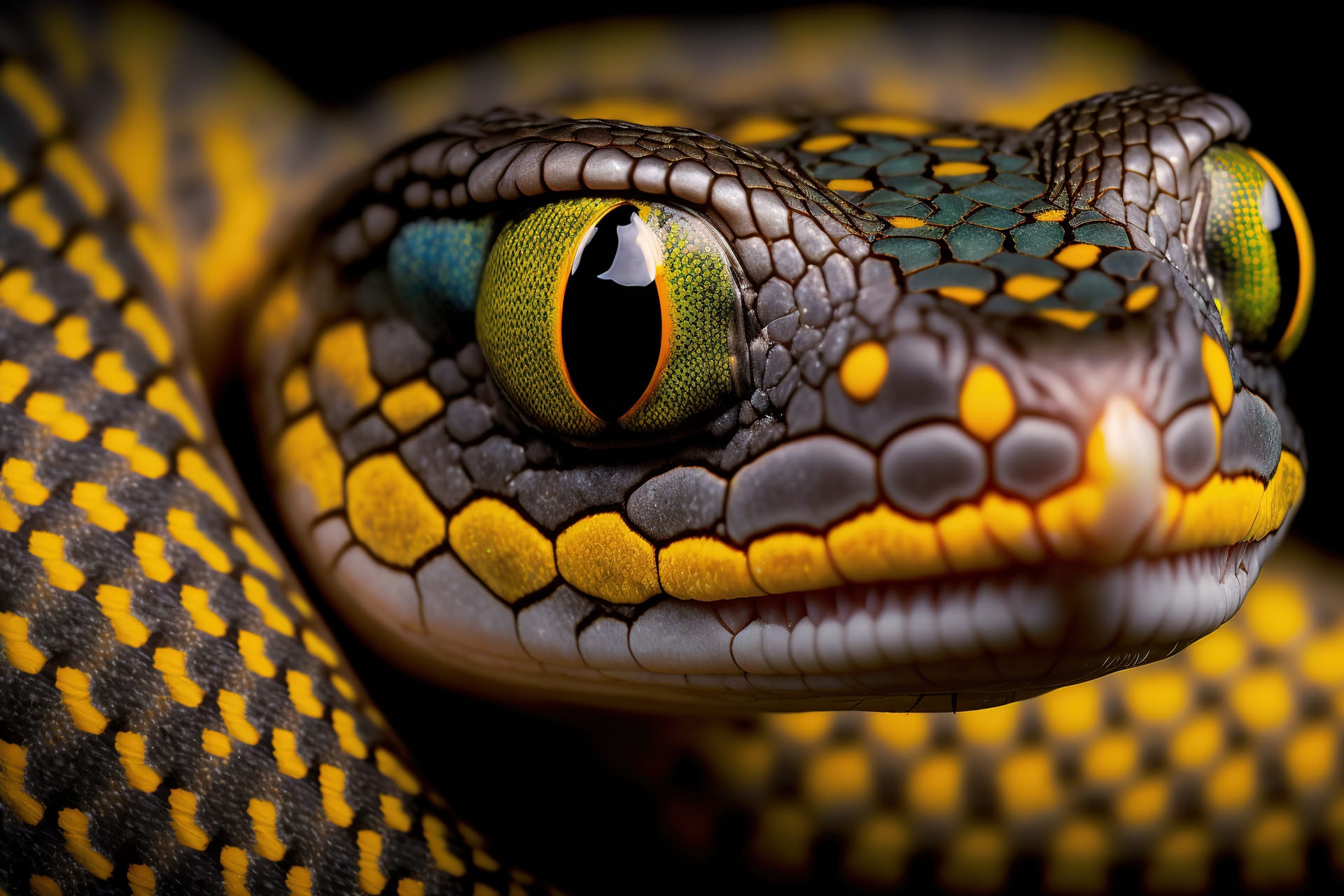 Portrait poisonous snake black background closeup shot image