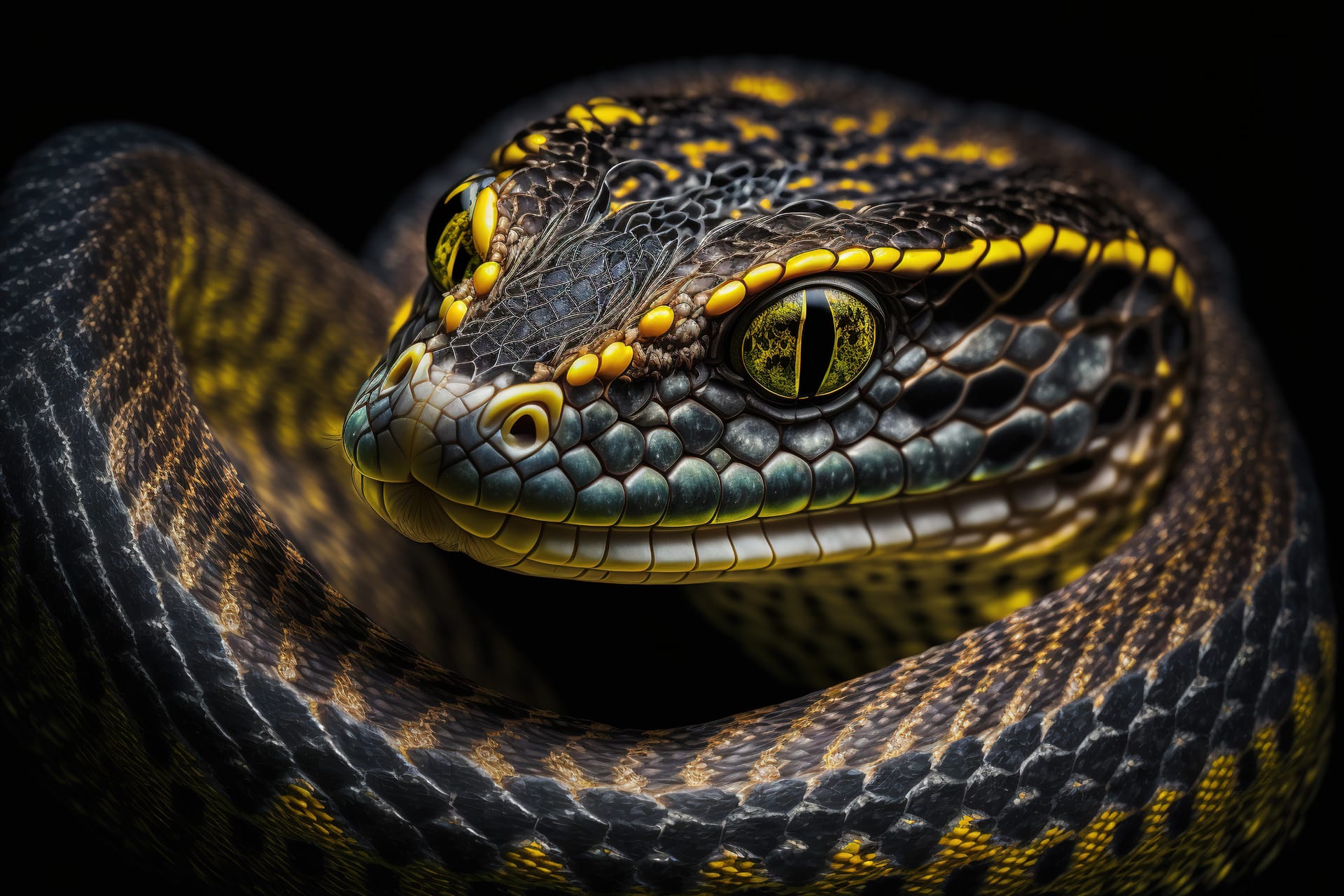 Portrait poisonous snake black background closeup shot