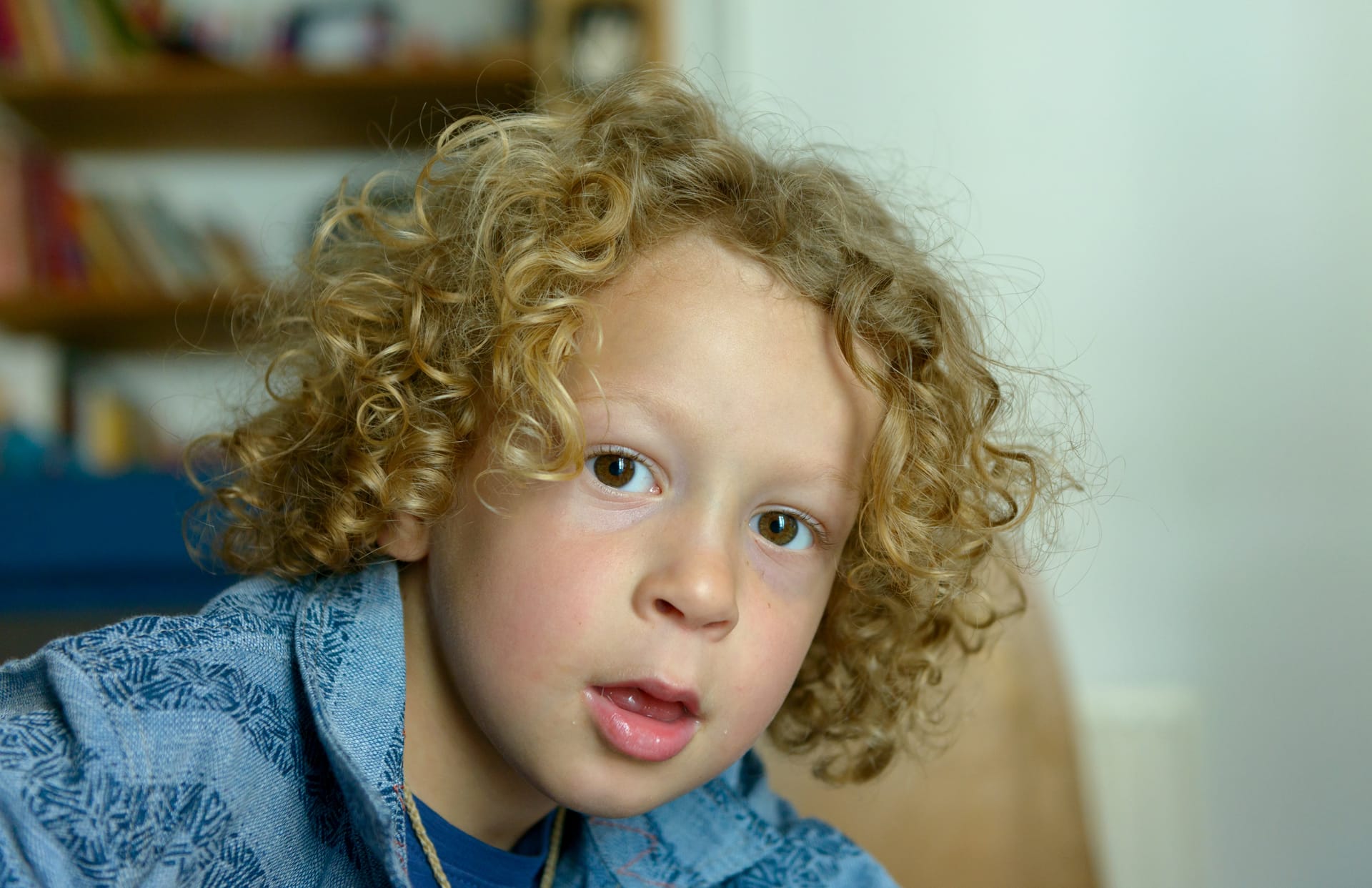 Portrait little boy with blond curly hair