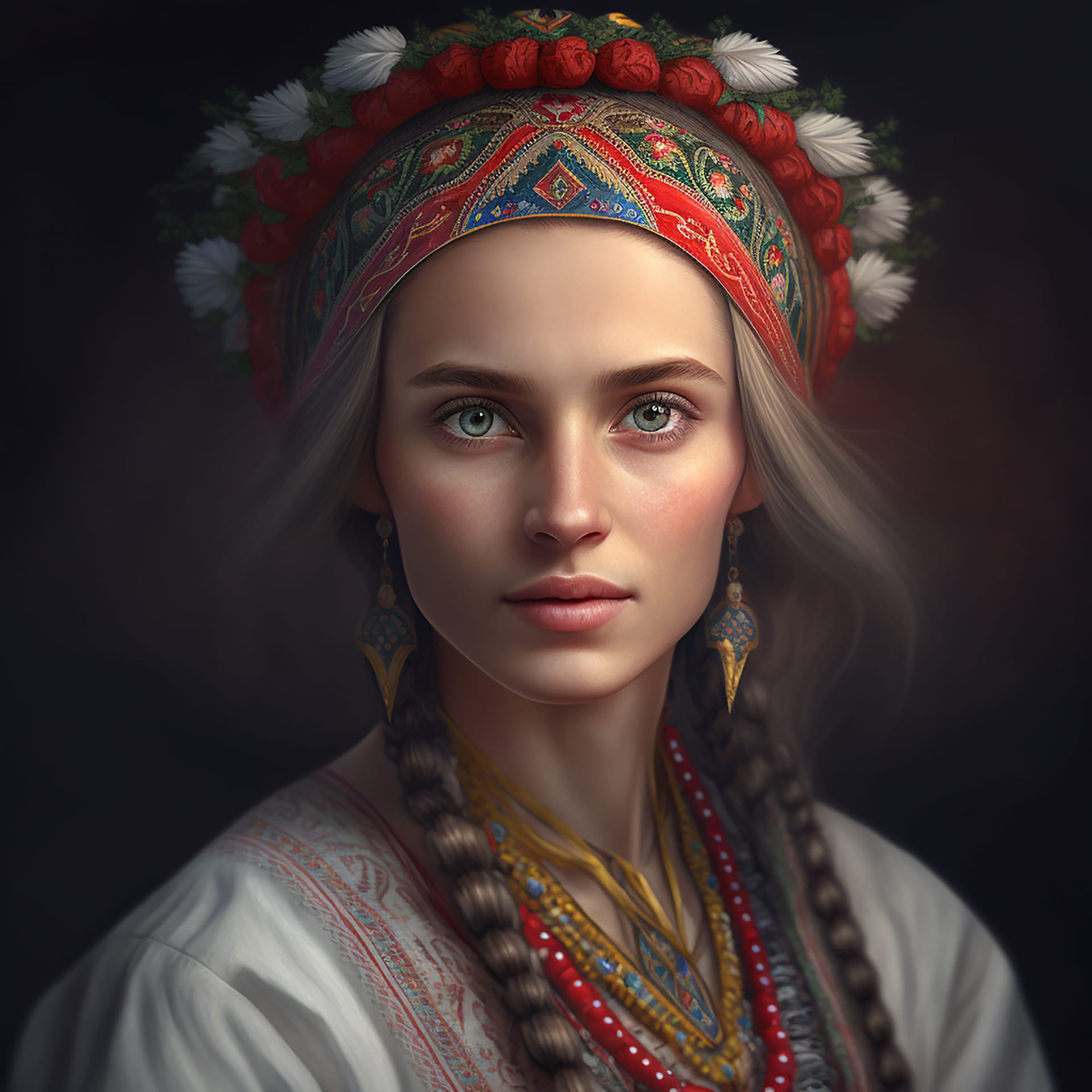 Portrait beautiful young girl traditional ukrainian folk dress headdress