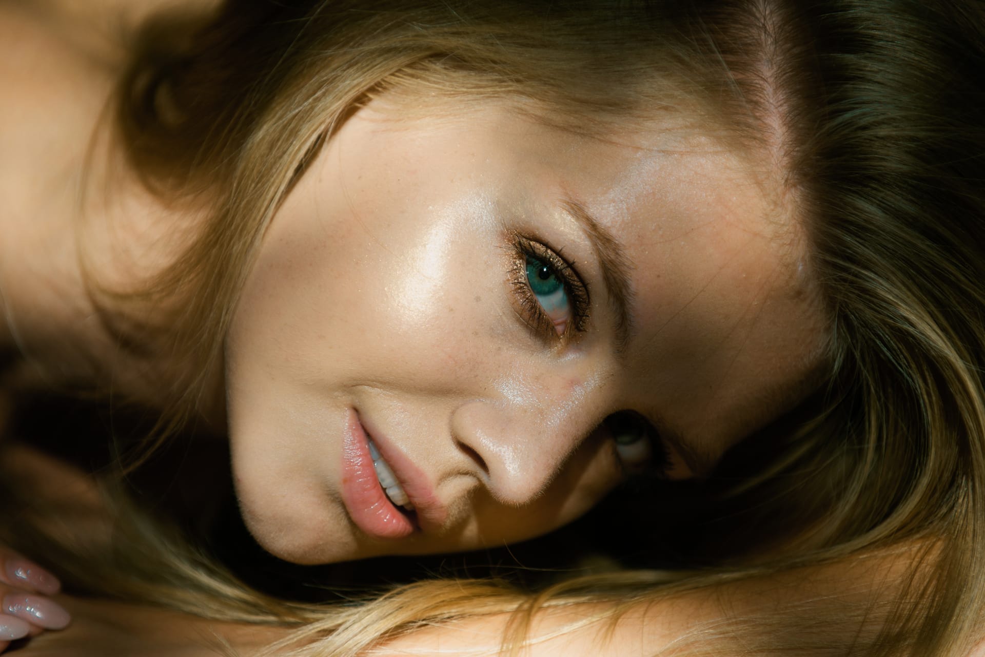 Portrait beautiful woman model looking seductive sensual blonde smiling girl closeup face bea