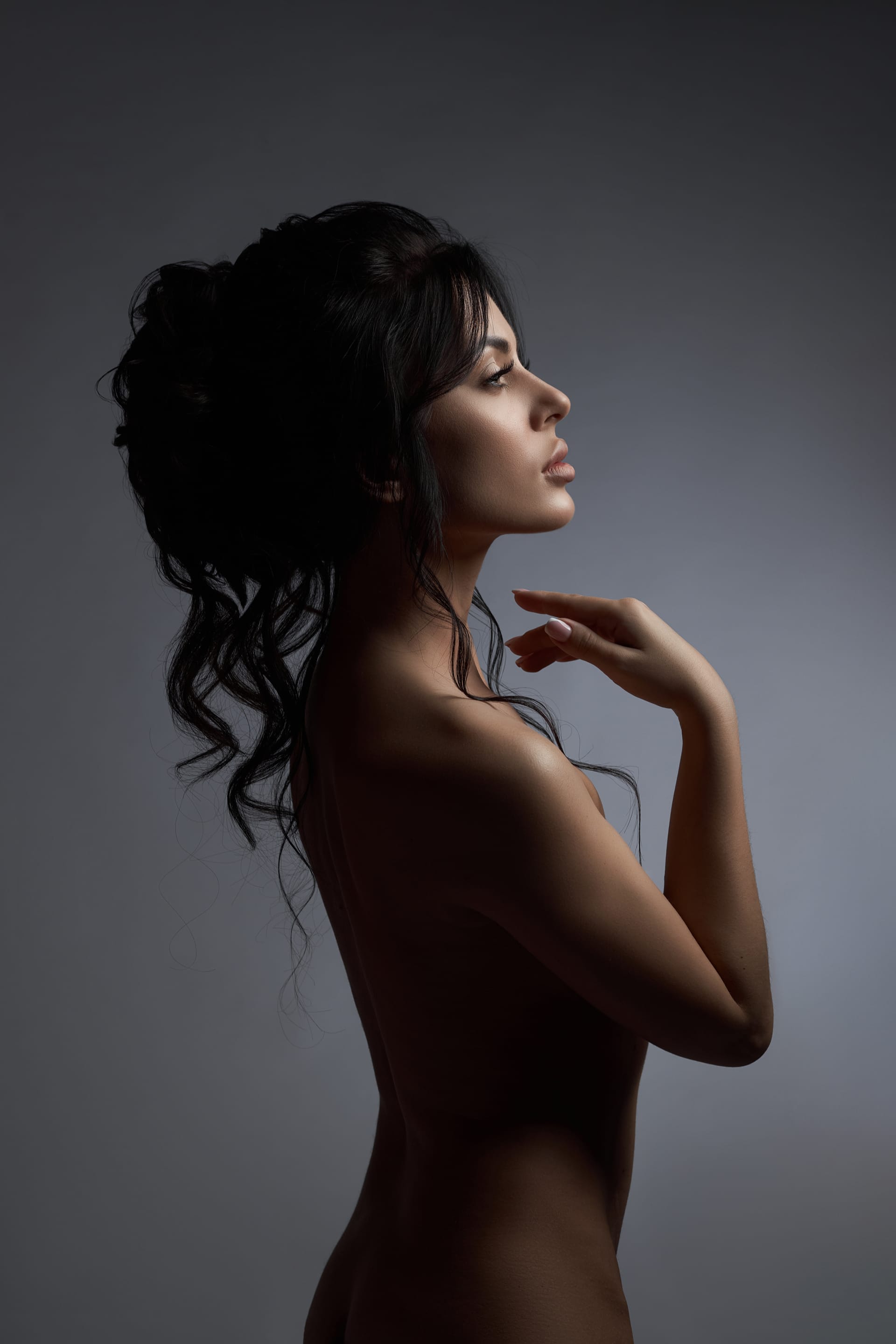 Black hair beautiful makeup long hair with styling romantic woman gray background image
