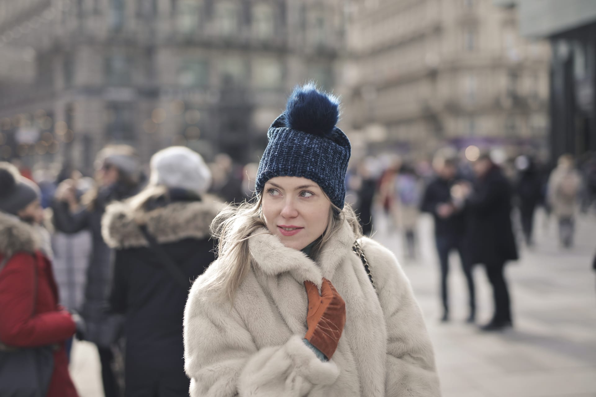 Portrait young european female fur coat hat outdoors