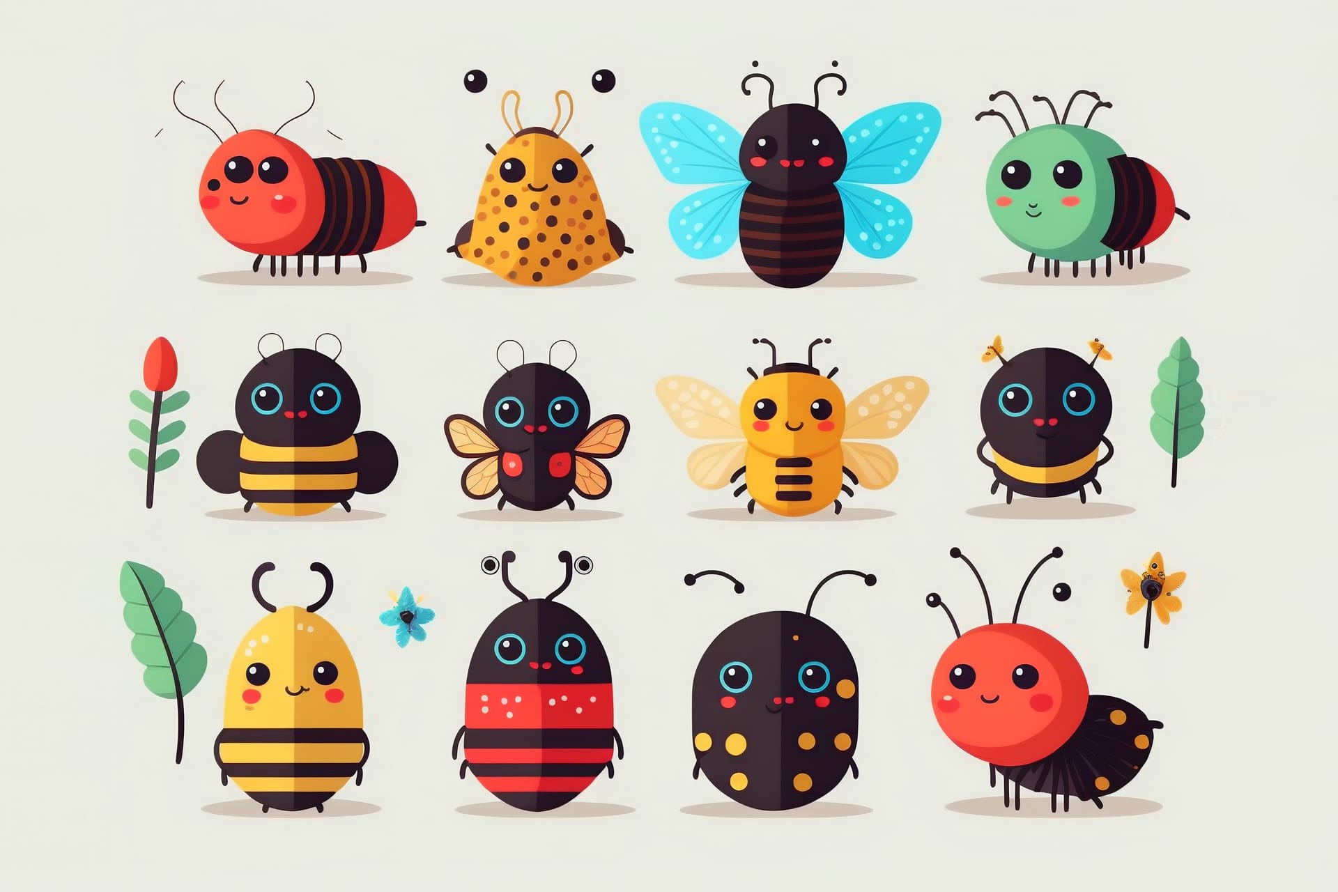 Cute cartoon kawaii insect set creative digital painting excellent image
