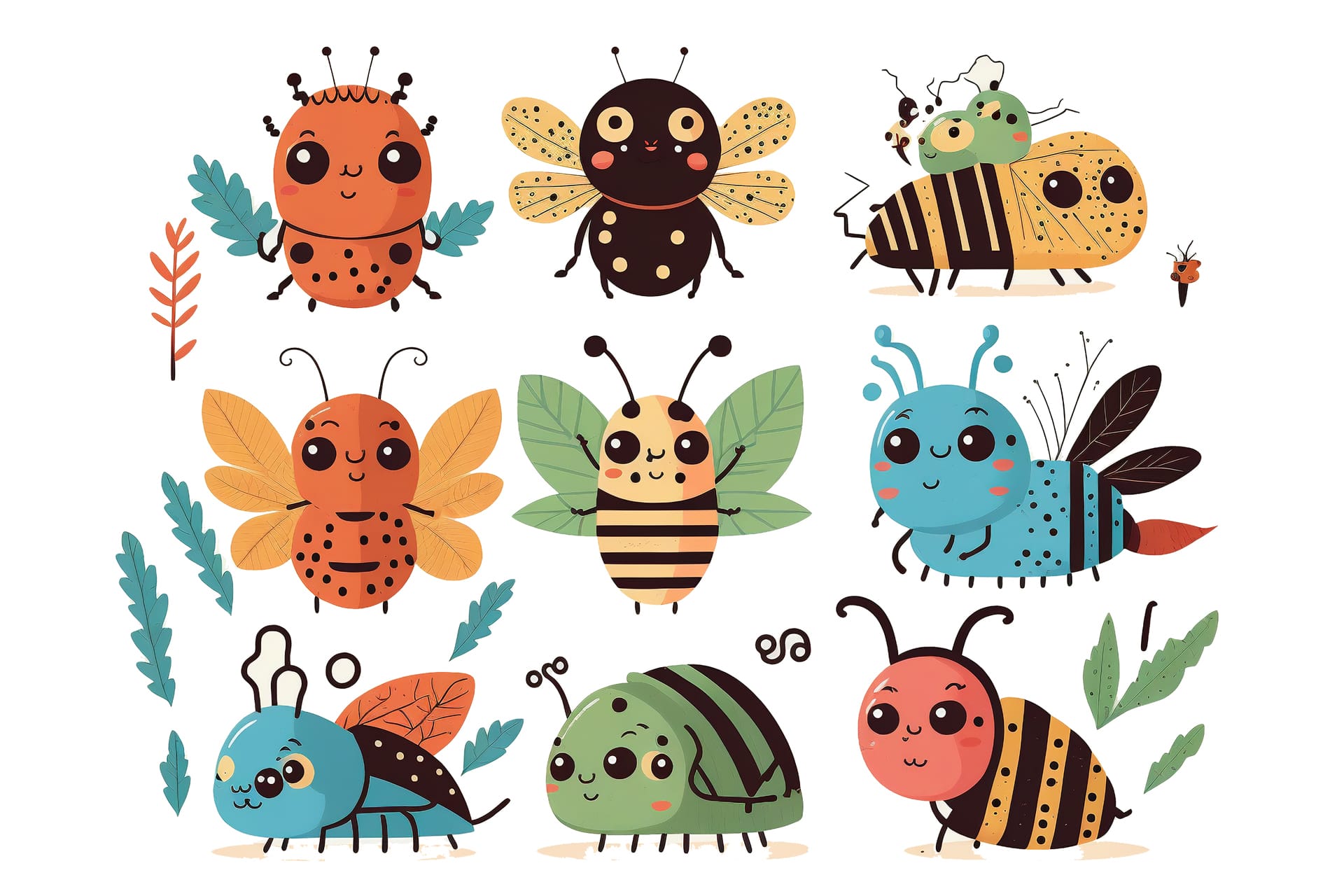 Cute cartoon kawaii insect set creative digital painting excellent picture