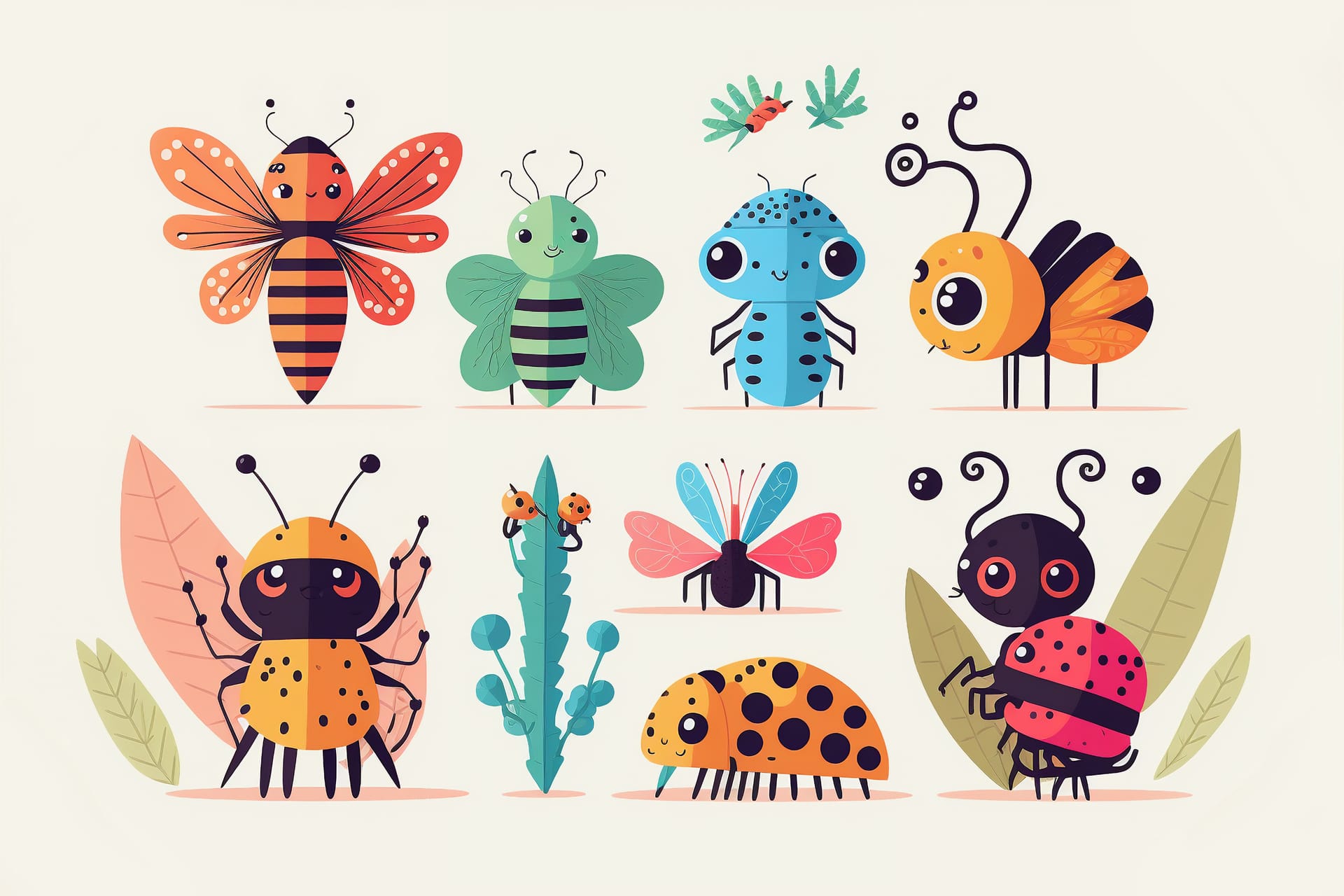 Cute cartoon kawaii insect set creative digital painting image