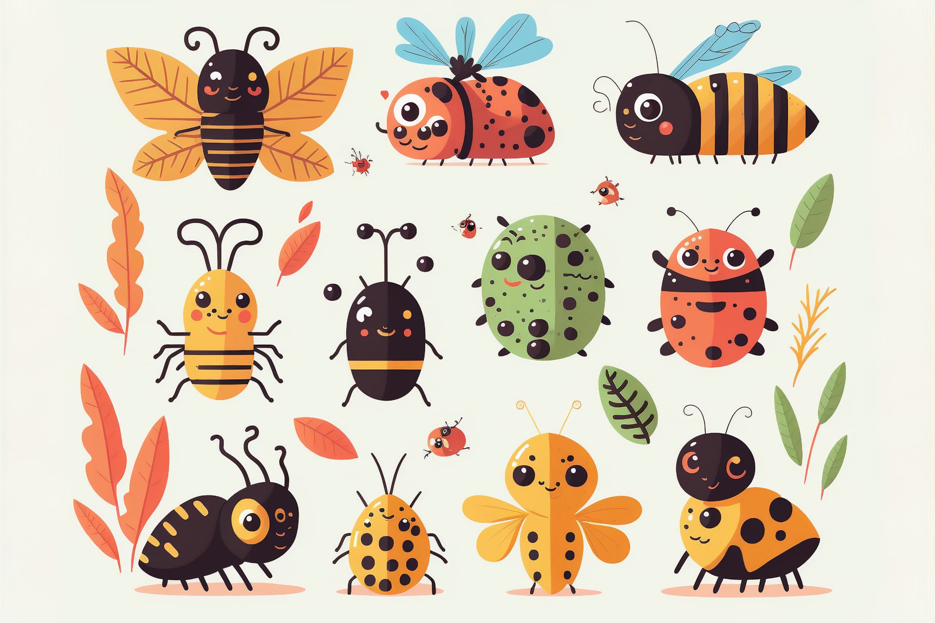 Cute cartoon kawaii insect set digital painting artwork