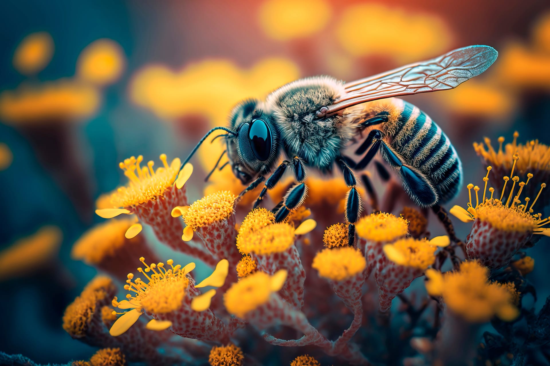 Honey bee collecting pollen yellow flower bee picture