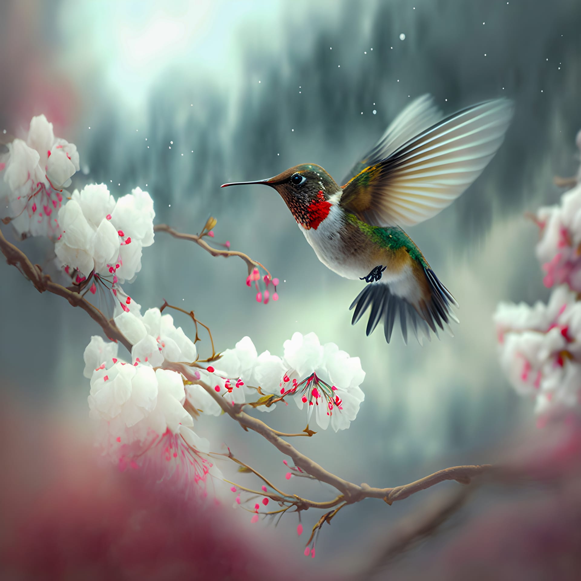 Beautiful hummingbird hovering branch gentle mistyr white red cherry blossom