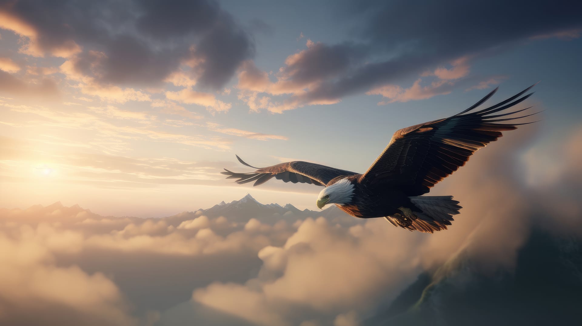 Eagle flying mountains with clouds sun
