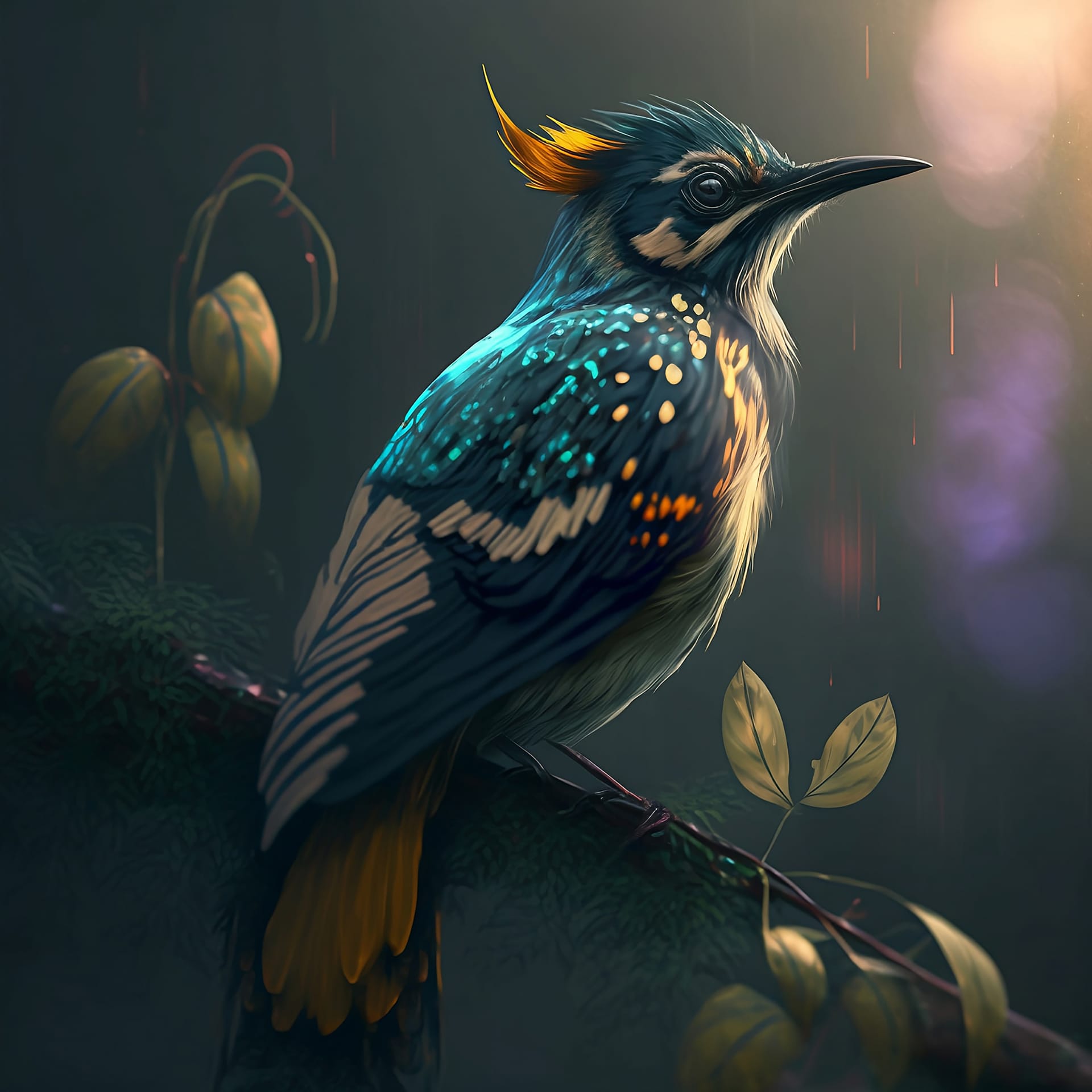 Fantastic colorful bird sitting branch dark background