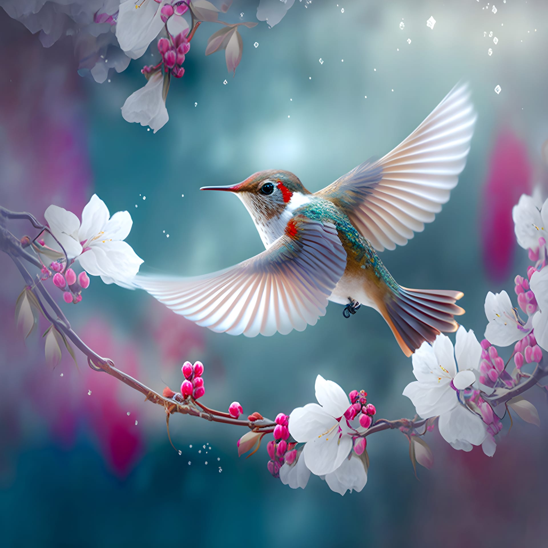 Hummingbird hovering branch gentle mistyr white red cherry blossom image