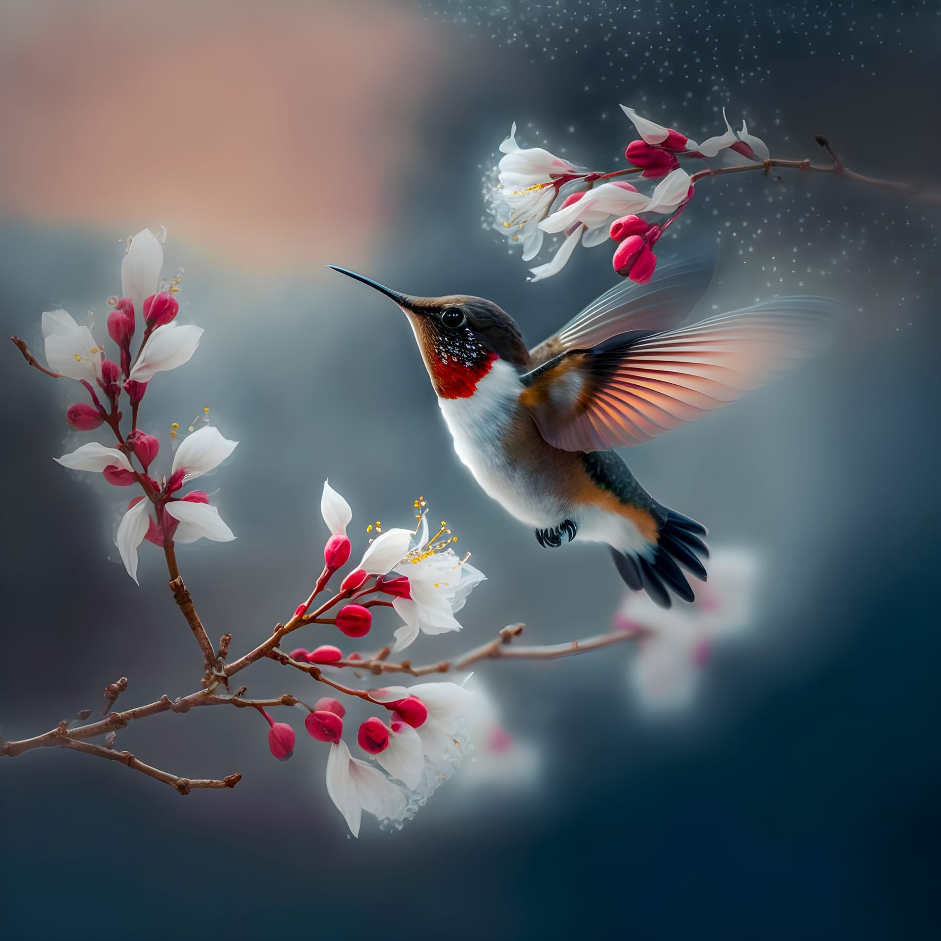 Hummingbird hovering branch gentle mistyr white red cherry blossom picture