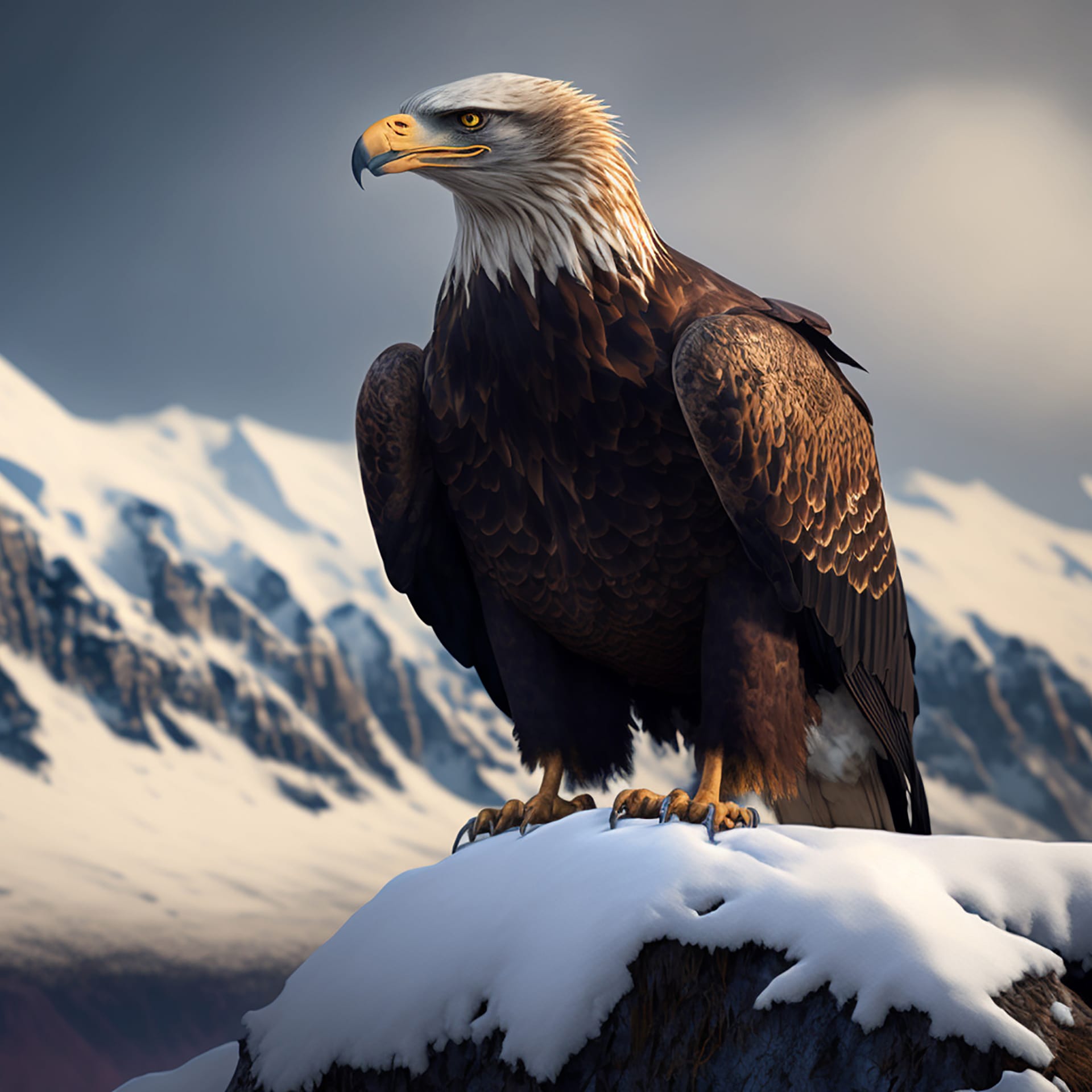 Majestic eagle perched atop snow capped mountain surveying landscape