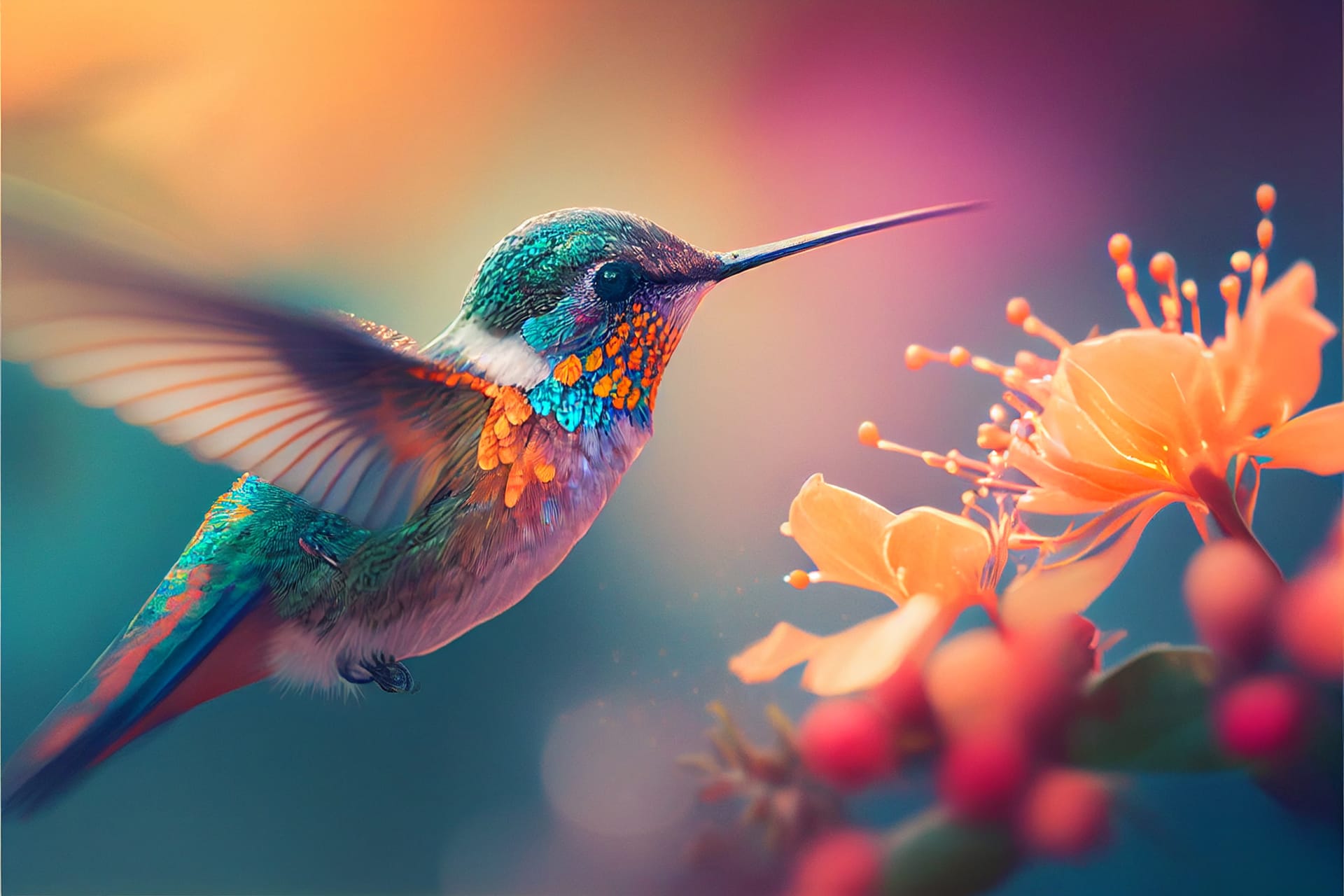 Orange romantic natural floral background with iridescent blue hummingbird flying
