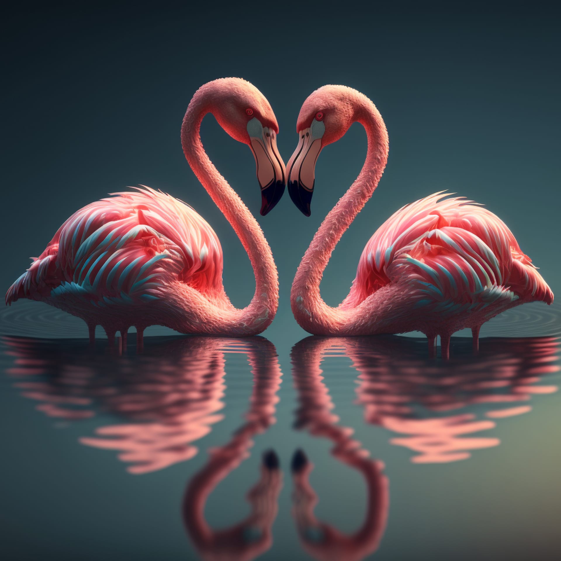 Pair pink flamingos making heart shape reflection pond