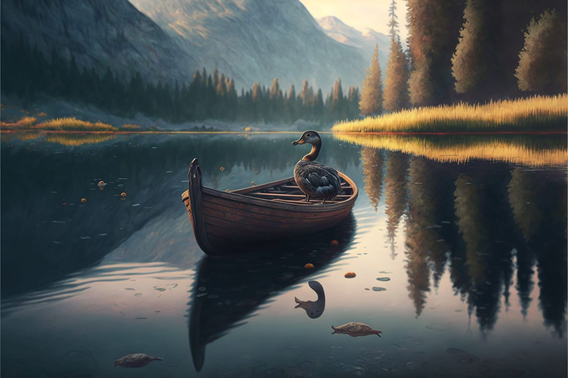 Summer lake illustration boat lake duck