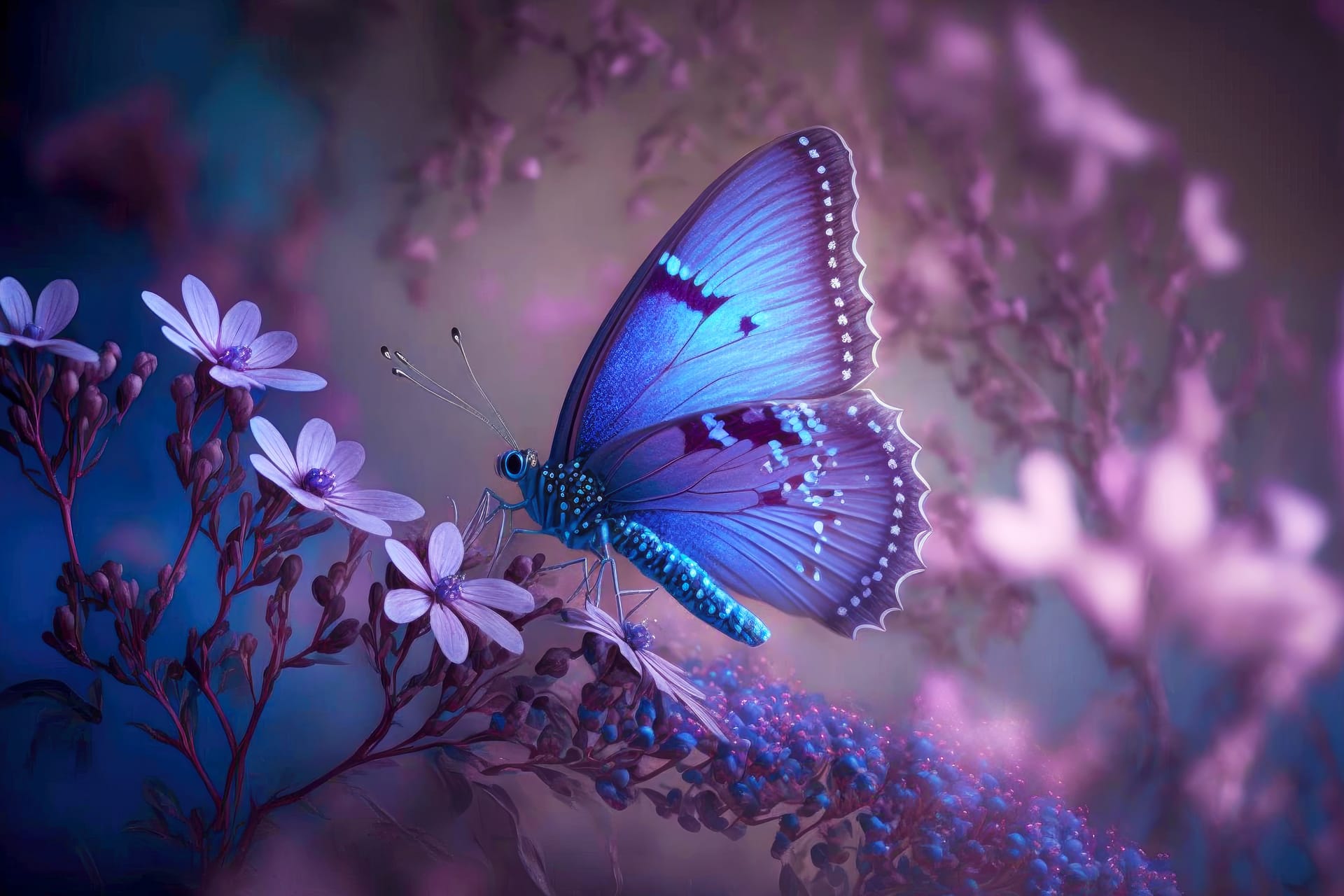 Beautiful picture gentle purple blue tones with butterfly flower