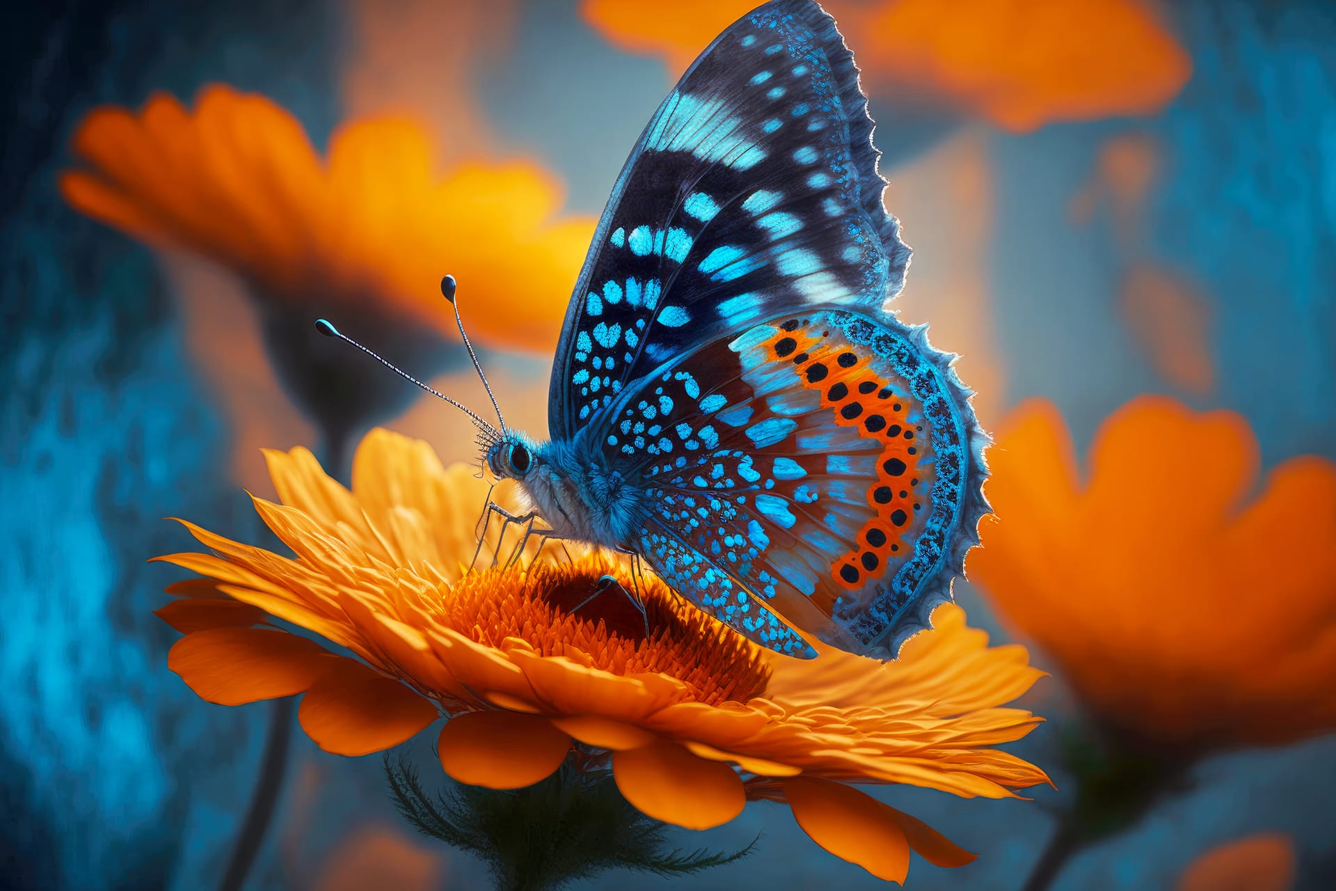 Blue spotted butterfly with orange flower blurred background butterfly image
