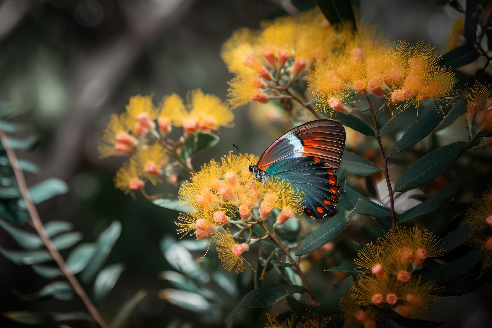 Butterfly image mimosa flower bloom surrounded by colorful butterflies