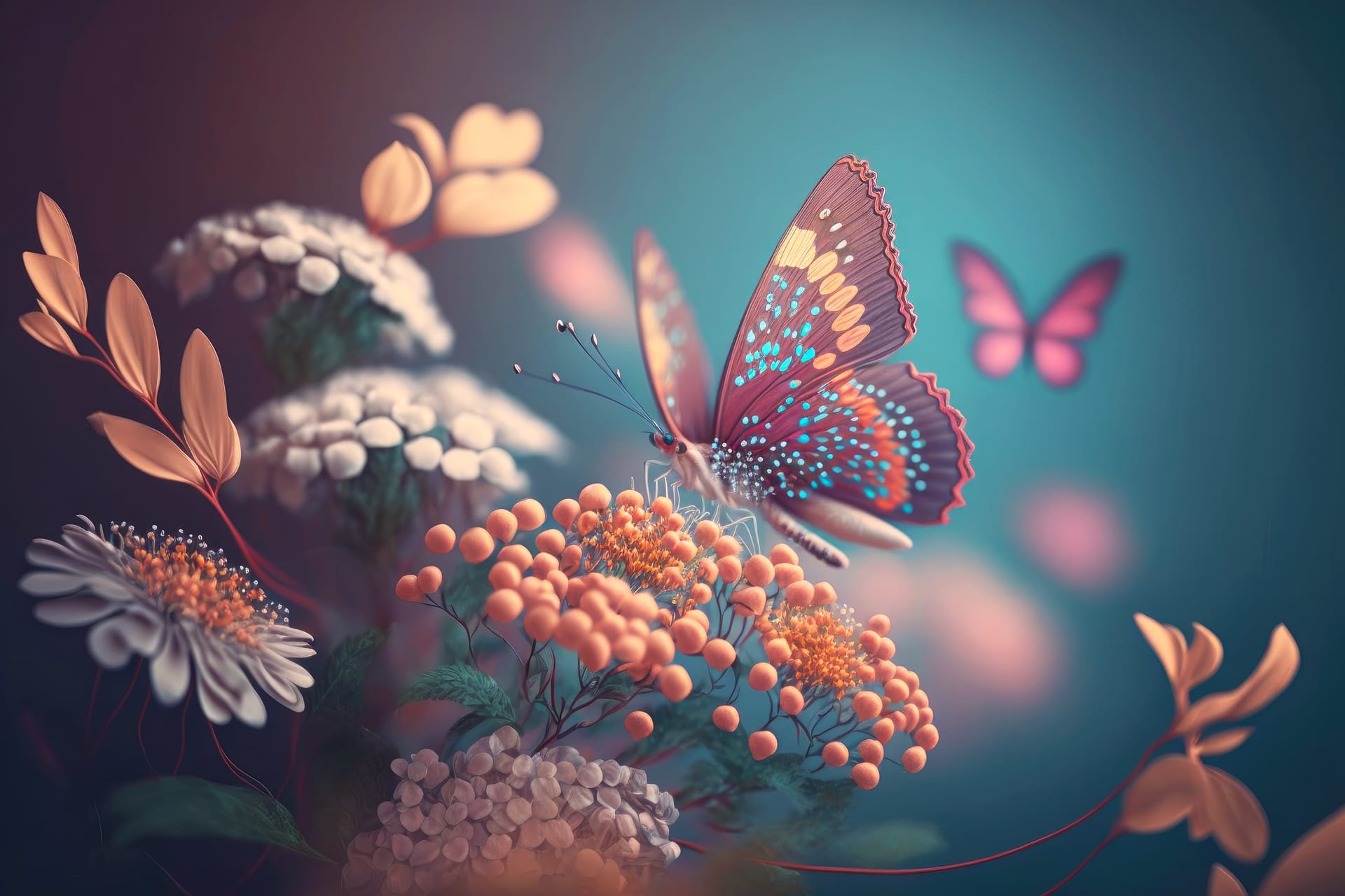 Delicate small flowers butterfly with exotic pattern blurred background