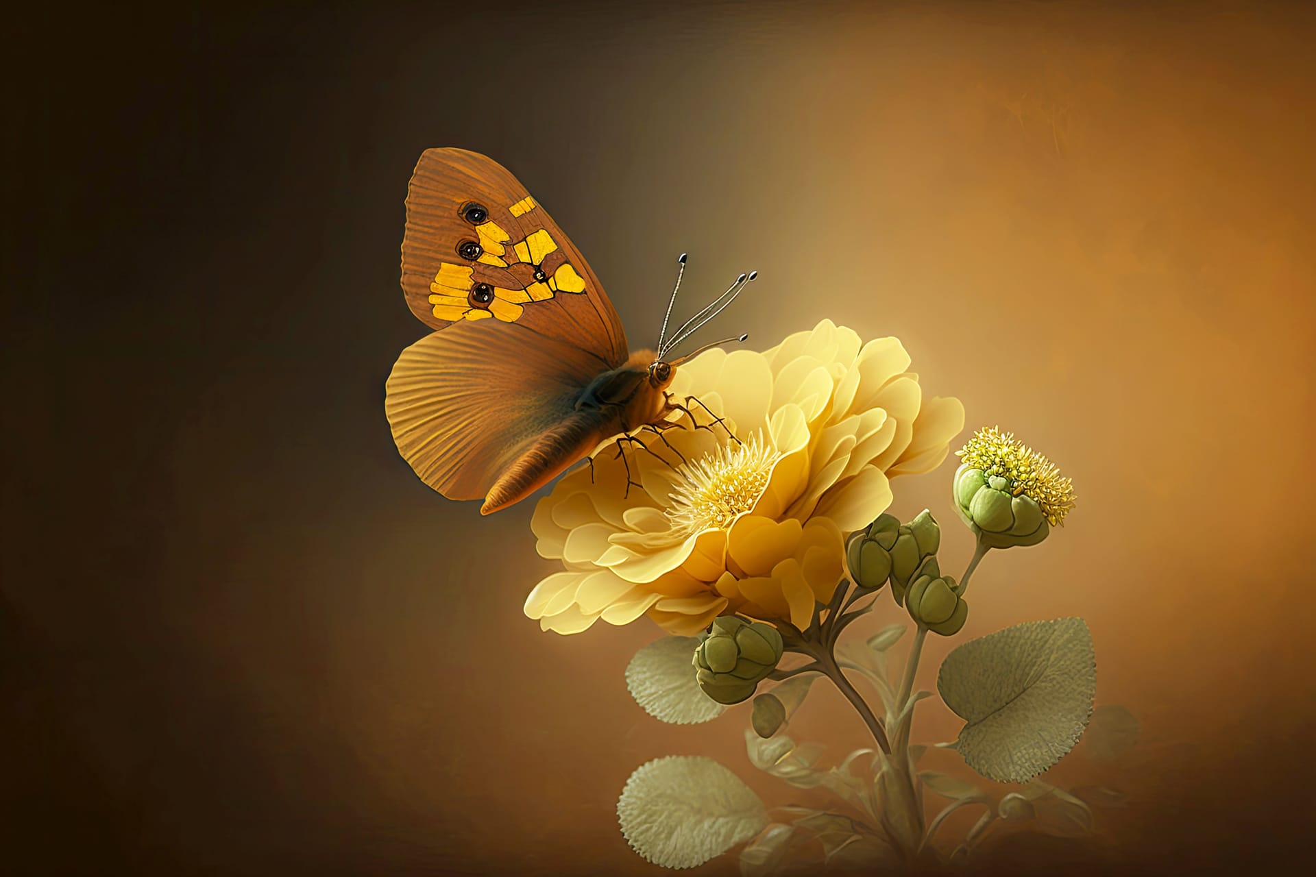 Delicate yellow flower with bud blurred brown background with butterfly