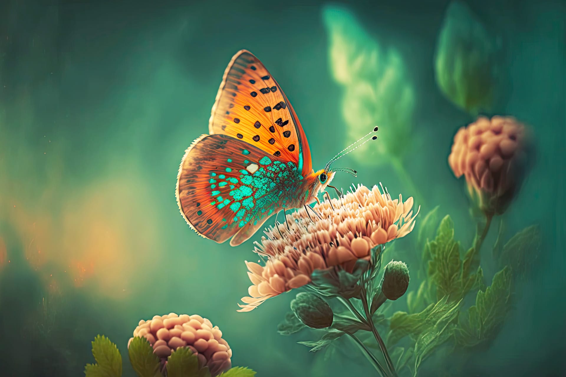 Flat image beautiful romantic flower with butterfly blurred green background