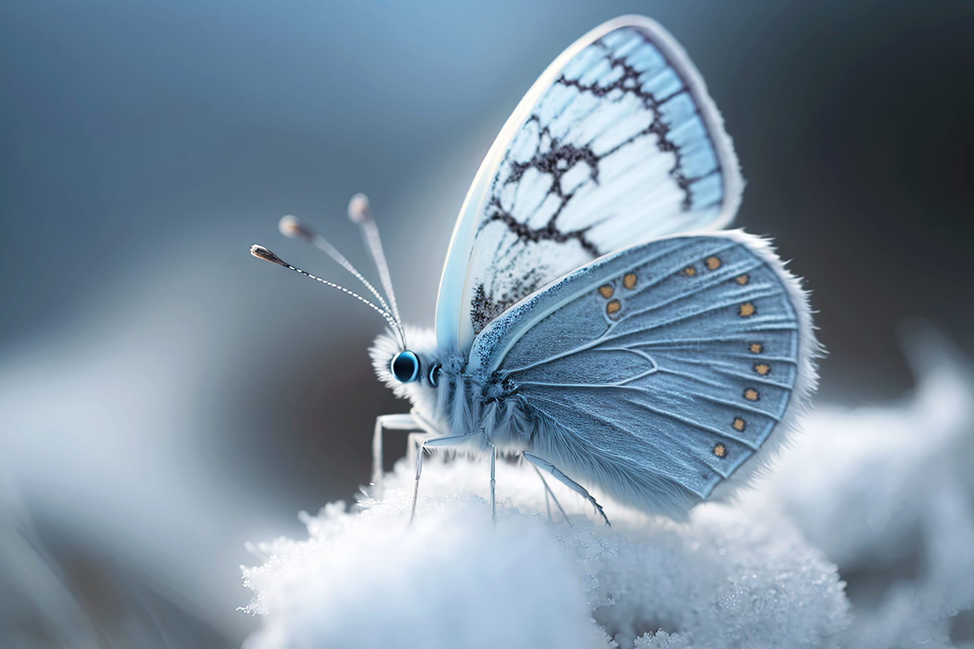 Flawless white blue butterfly winter with open wings blurred background