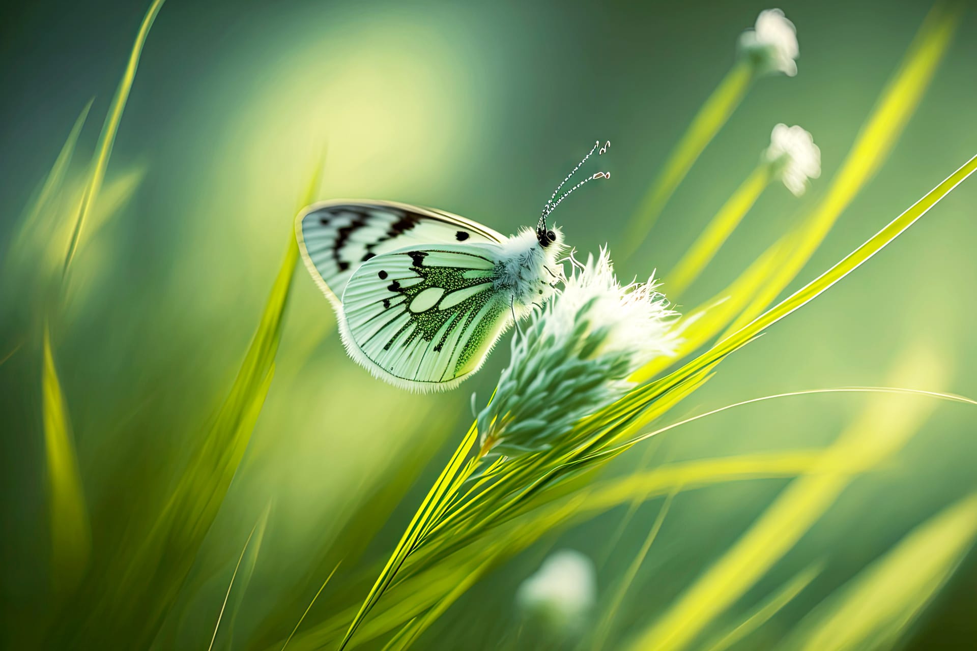 Grass flower with beautiful butterfly blurred green background butterfly image
