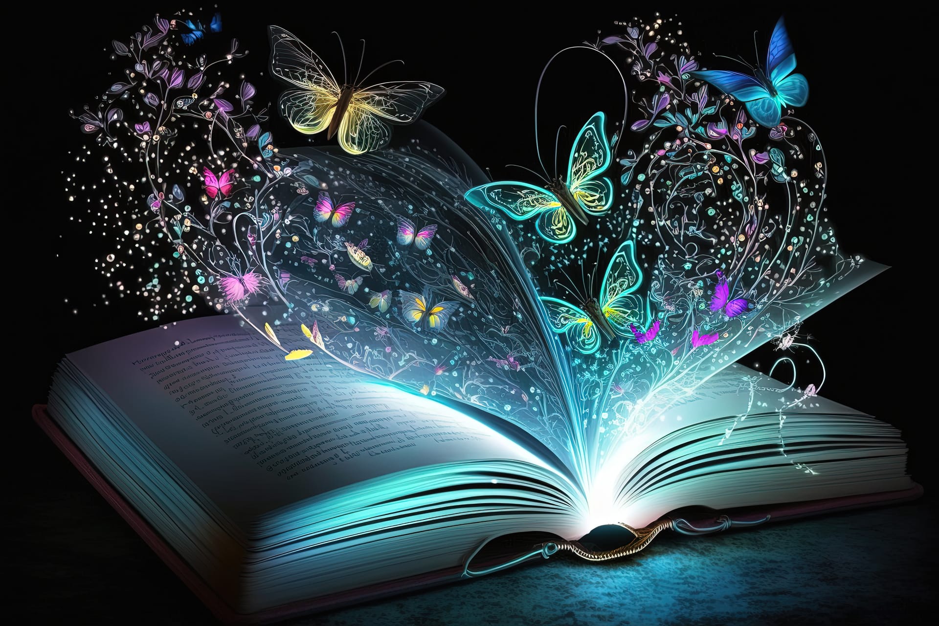 Open magic book with glowing flora butterflies butterfly image