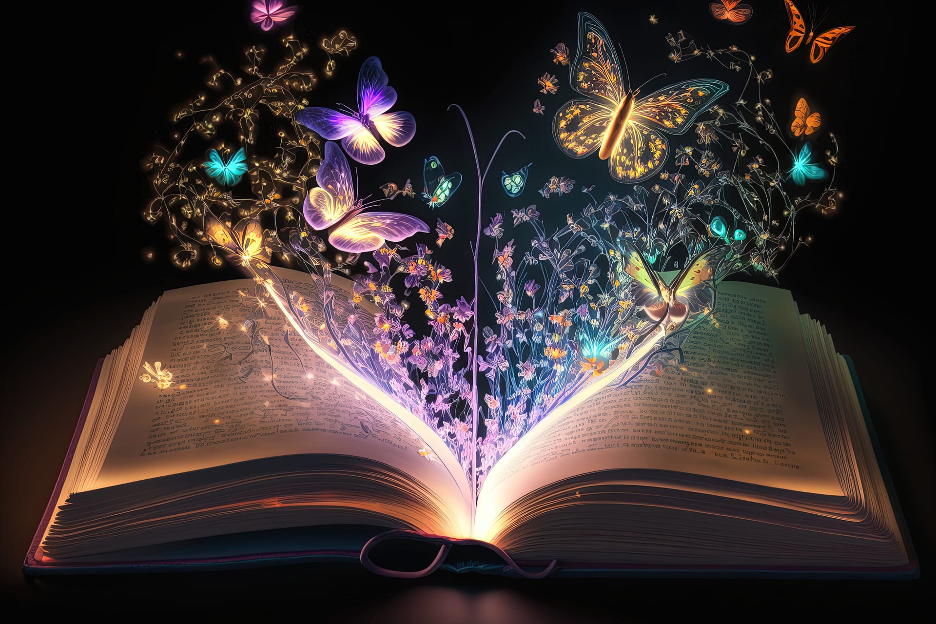 Open magic book with glowing flora butterflies image